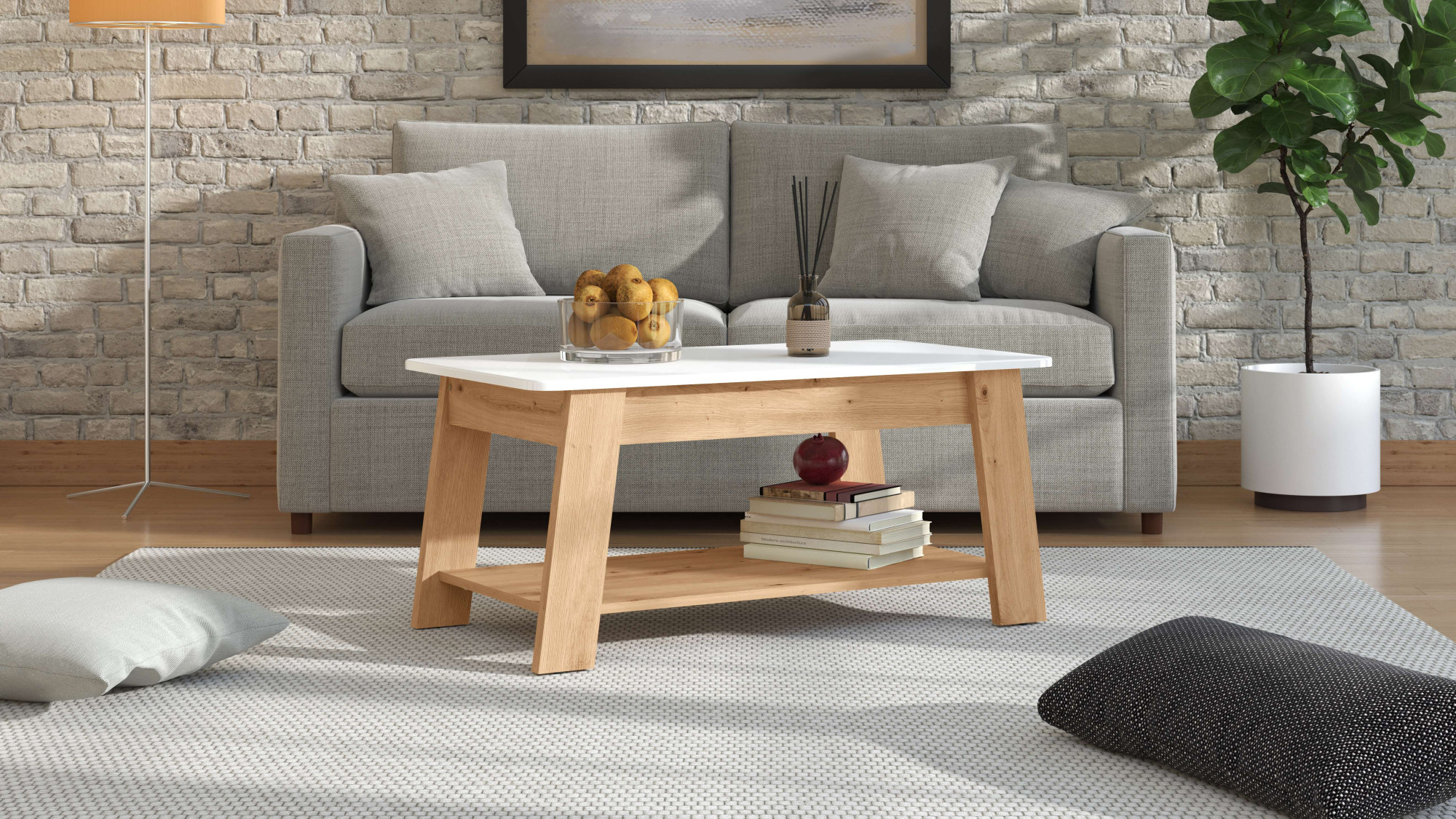 Couchtisch HOME AFFAIRE "Piave Kaffeetisch, 101 cm, in trendigen Farben, modern", weiß (weiß hochglanz folie, weiß hochglanz folie), B:101cm H:46,5cm T:54,5cm, Tische, Couchtisch, mit Ablage, rechteckig, Artisan Eiche, ideal für kleine Räume