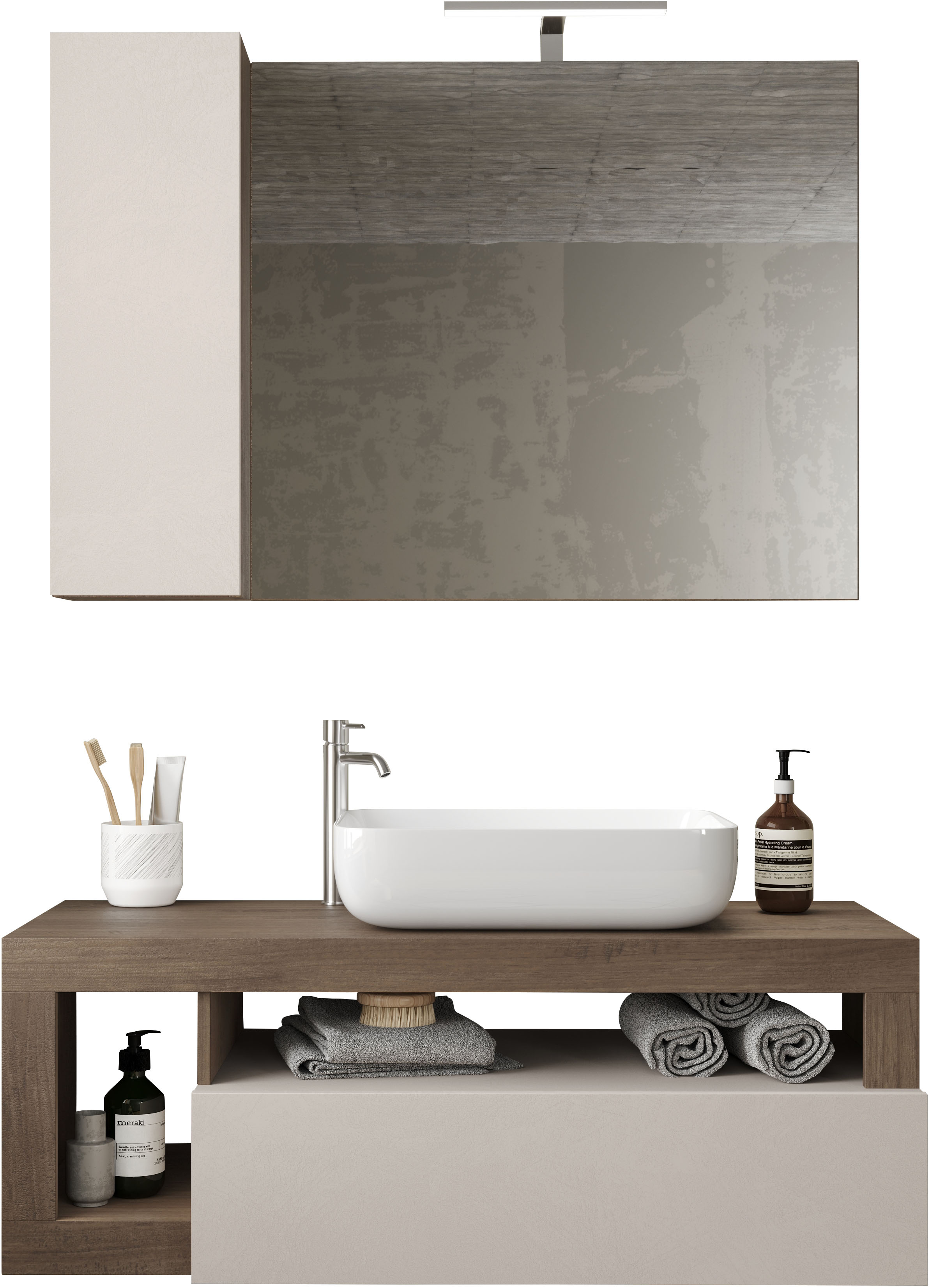 Badmöbel-Set WELLTIME "Hamburg, Badezimmerset 2tlg. Breite 110 cm, Badmöbel, Waschtisch inkl.", weiß (cashmere, mercure nb holzstruktur), B:110cm H:190cm T:49cm, Holzwerkstoff, Kastenmöbel-Sets, Badmöbel-Set, Waschbecken, Spiegelschrank mit LED...