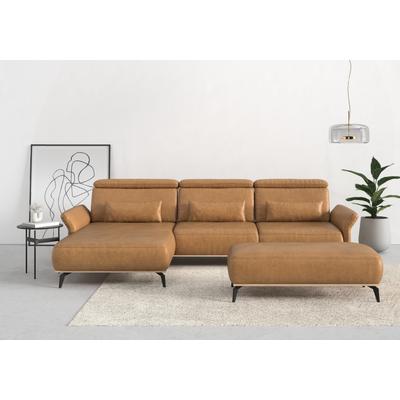 Ecksofa PLACES OF STYLE "Fjord L-Form", braun (cognac), B:324cm H:93cm T:184cm, 100% Polyester, Sofas, massiv, wahlweise mit Armlehnfunktion, Kopf- Sitztiefenverstellung Image