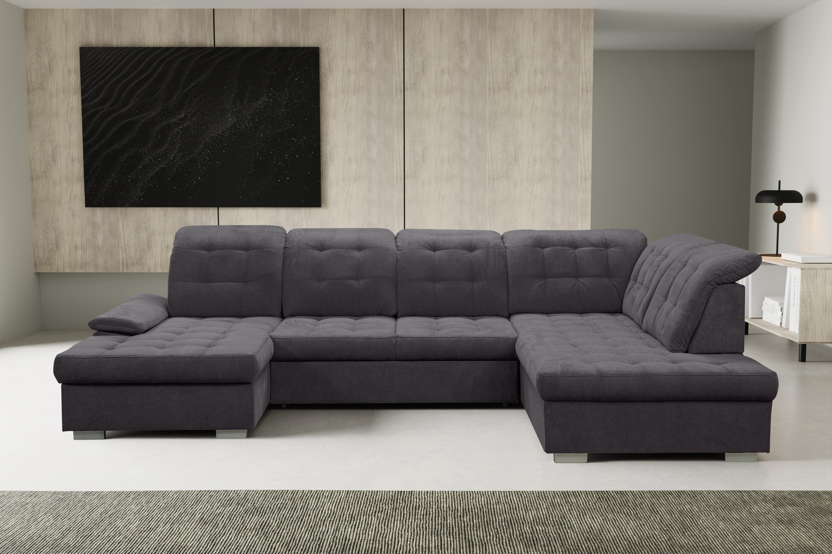 Wohnlandschaft WERK2 "Kordula-New Multifunktion Couch, Breite 332cm, U-Form", grau (anthrazit), B:332cm H:105cm T:217cm, 92% Polyester, 8% Nylon, Sofas, Sofa in U-Form mit Schlaffunktion & Bettkasten, Schlafcouch