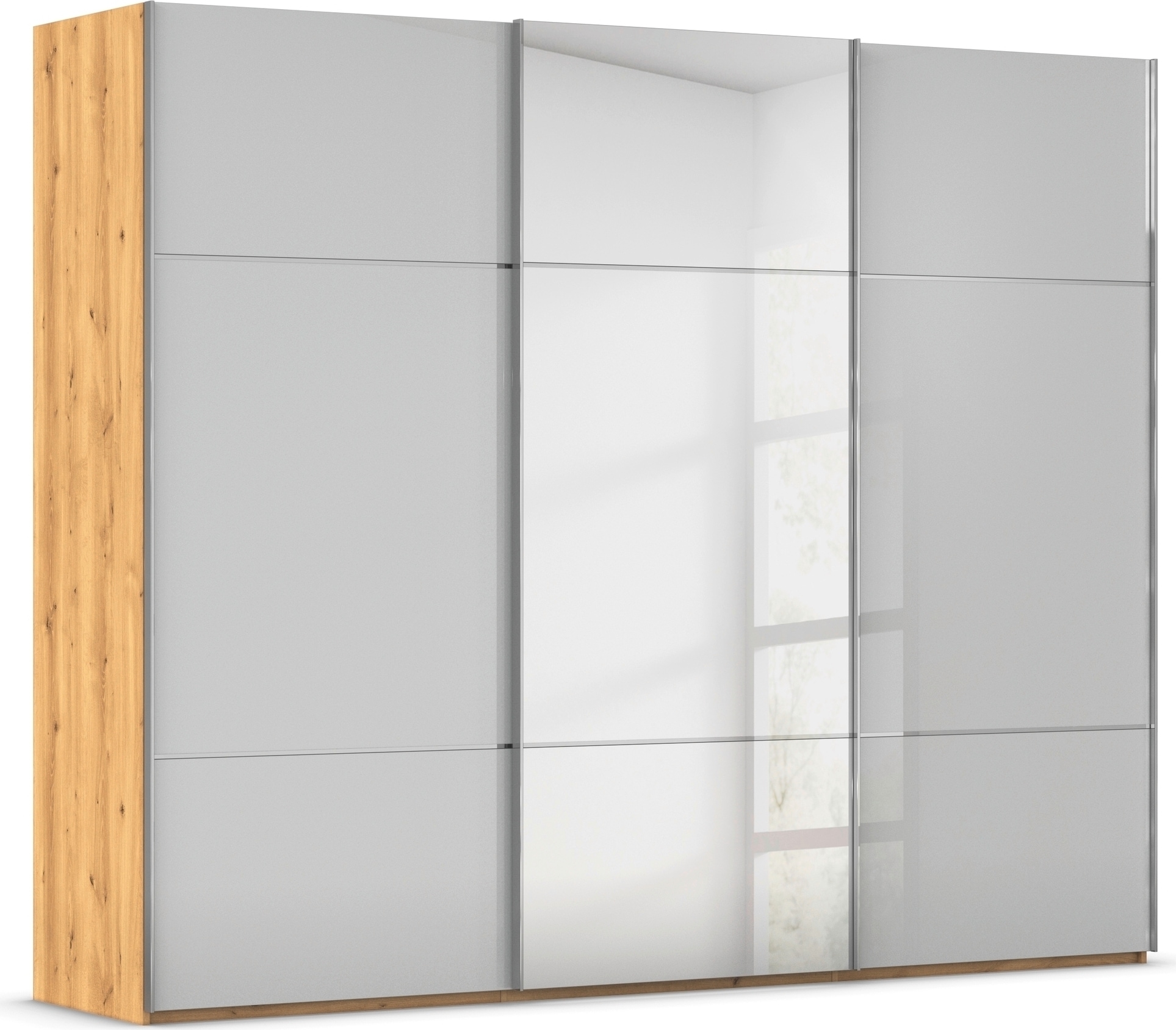 Schwebetürenschrank RAUCH "Kleiderschrank Schrank Garderobe Schlafzimmerschrank SCALE-TRIO", grau (asteiche, glas seidengrau, griffleisten chrom), B:271cm H:223cm T:68cm, Holzwerkstoff, Schränke, Schwebetürenschrank, edle dreigeteilte Front mit 2... Image