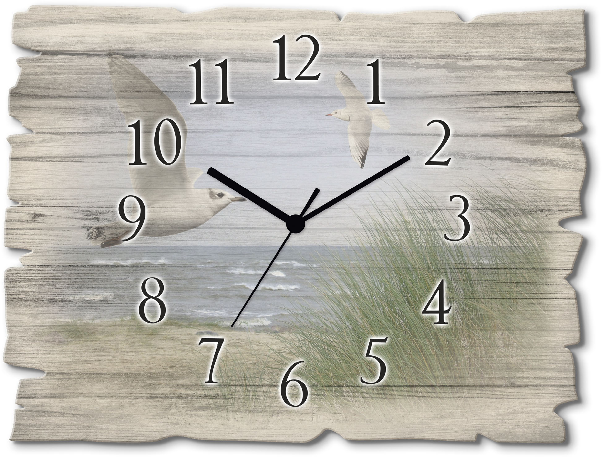 Wanduhr ARTLAND "Nordseestrand mit Möwen", blau, B:40cm H:30cm T:0,6cm, Wanduhren, Wanduhr, wahlweise mit Quarz- oder Funkuhrwerk, lautlos ohne Tickgeräusche