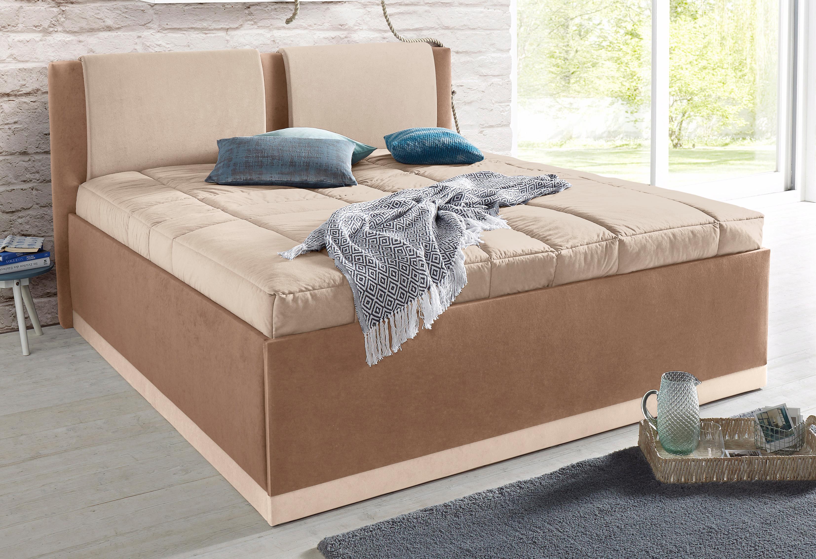 Polsterbett, braun (braun, beige), B:217cm L:212cm, Bezug Bett: Microfaser (100% Polyester);Bonnell-Federkernmatratze: Frottee (100% Polyester);Tonnentaschen-Federkernmatratze: 80% Baumwolle und 20% Polyester, Bezug abnehm- und waschbar bis...