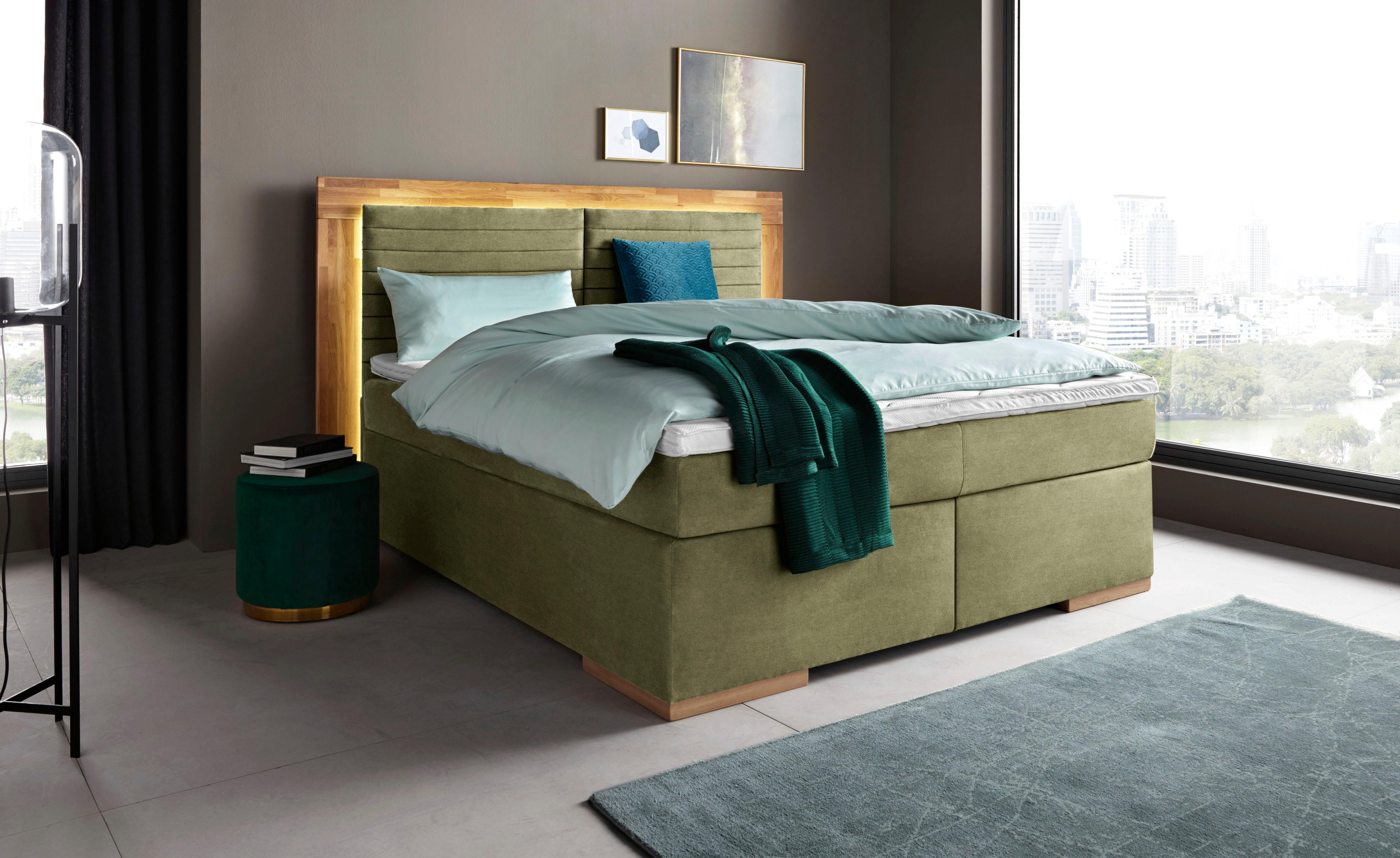 Boxspringbett PLACES OF STYLE "Cup", grün (olive), B:190cm L:206cm, Bezug: Luxus-Microfaser (100% Polyester);Bezug: Microfaser (100% Polyester), Komplettbetten, Boxspringbett, mit LED-Beleuchtung, Massivholzrahmen und Topper, in 2 Härtegraden Image