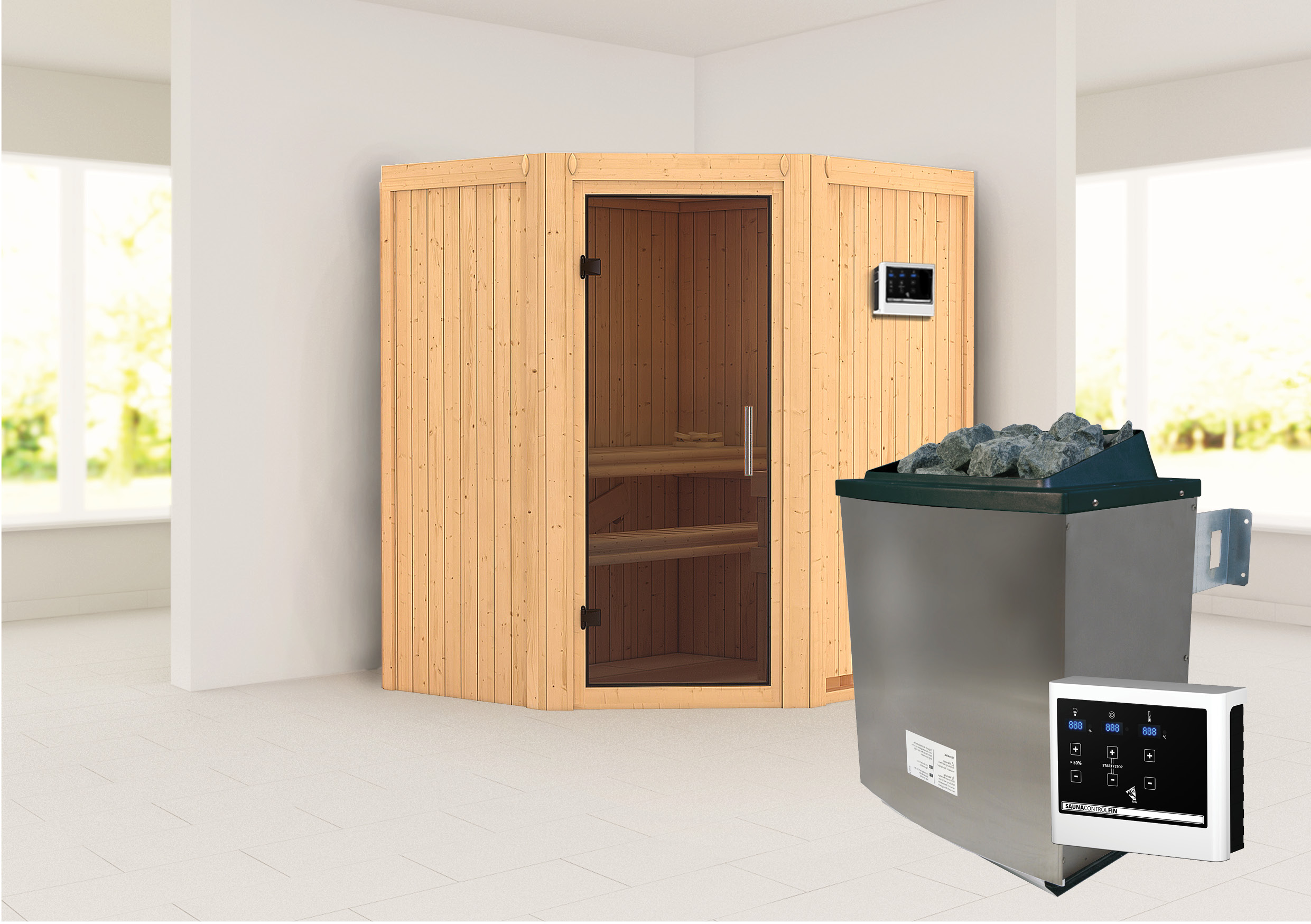 Sauna KARIBU "»Liyah« naturbelassen, mit graphitfarbener Tür", beige (naturbelassen), Saunaofen, externe Steuerung, (ohne Ofen), Saunen, in verschiedenen Ausführungen erhältlich, 9 KW Ofen mit externe Strg