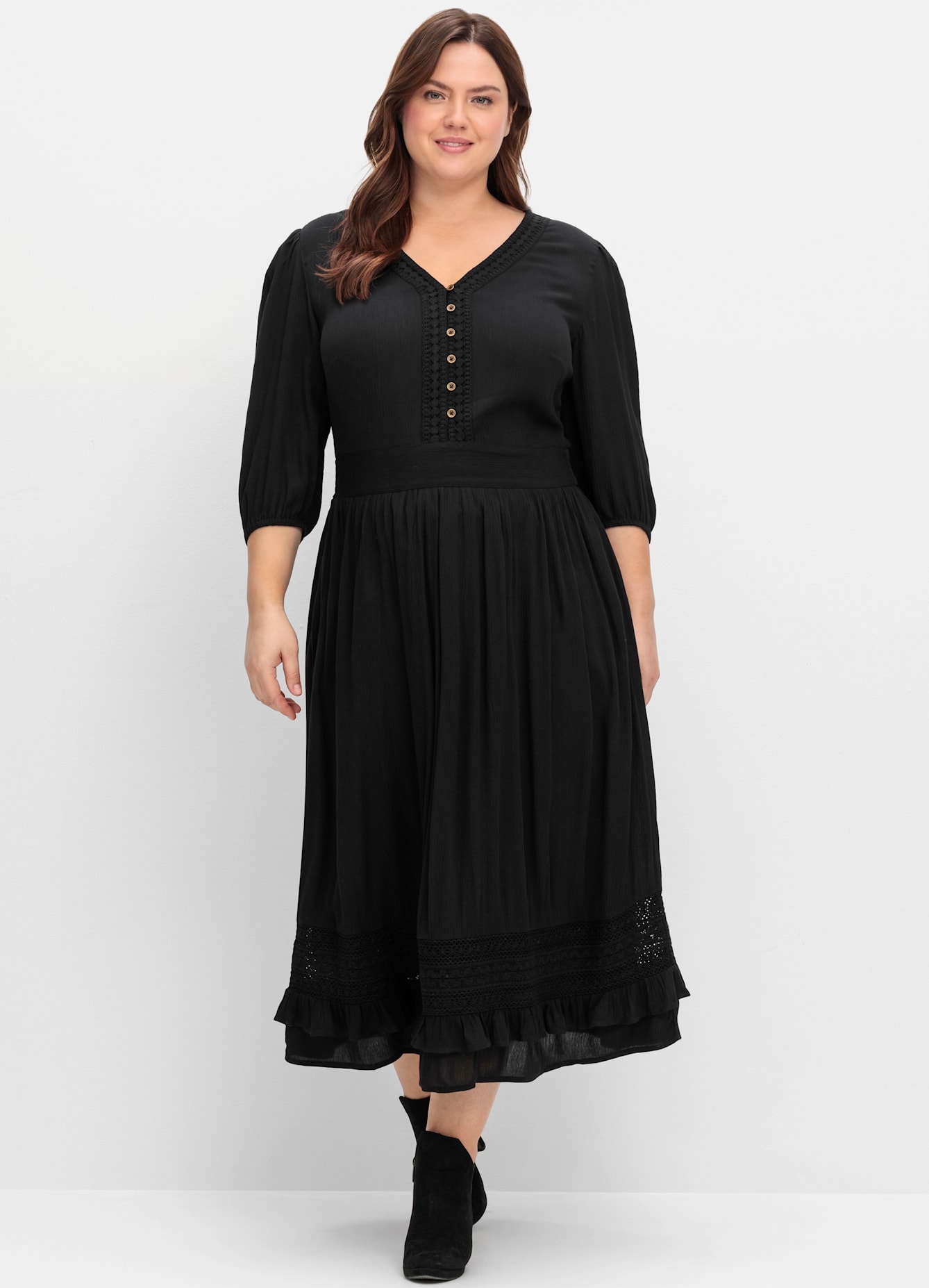 Maxikleid SHEEGO BY JOE BROWNS "Maxikleid", Damen, Gr. 54, Normalgrößen, schwarz, 100% Viskose, unifarben, wadenlang, V-Ausschnitt, Kleider Image