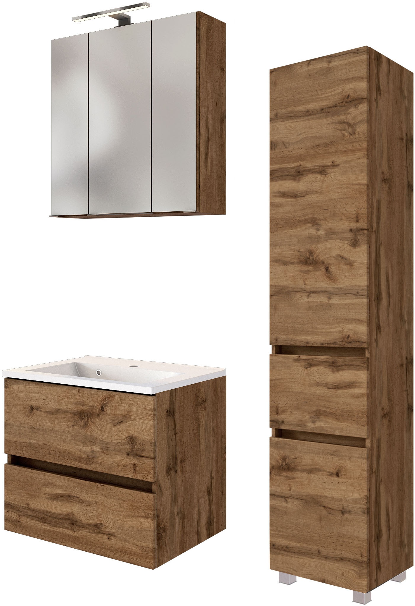 Badmöbel-Set WELLTIME "Welltime Möbel Baabe Waschtisch-Set 3tlg. oder 5tlg.", braun (wotaneiche), Set 5 3tlg.: Waschtisch 60cm breit, Spiegelschrank 60cm breit, Seitenschrank, Holzwerkstoff, Kastenmöbel-Sets, Badmöbel-Set, gedämpfte Scharniere und...