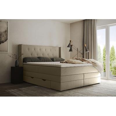 Boxspringbett PLACES OF STYLE "Elegance", beige (natur), B:141cm L:210cm, Samtoptik (100% Polyester), Struktur (100% Polyester), Komplettbetten, Boxspringbett, mit schöner Knopfheftung, in den Härtegraden H2 & H3, inkl. Schubladen Image