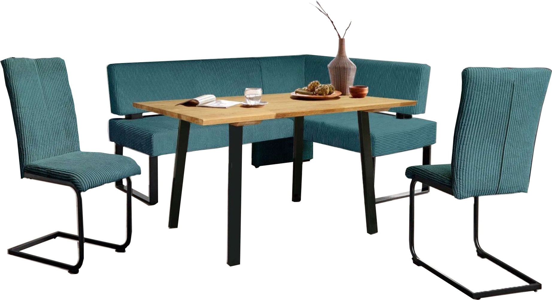 Eckbankgruppe HOME AFFAIRE "Oliver", blau (dreamblau, schwarz), B:220cm H:89cm T:160cm, FSC-zertifizierter Holzwerkstoff, FSC-zertifiziertes Massivholz, Metall, Polyester, Sitzmöbel-Sets, Eckbankgruppe, Eckbank mit Wellenunterfederung im Sitz, Tisch...