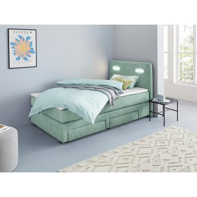 Boxbett INOSIGN "Luan", blau (turquoise), B:127cm L:211cm, Komplettbetten, Boxspringbett, Schubkästen, LED-Beleuchtung und Topper, in Breite 120 cm und 180 cm Image