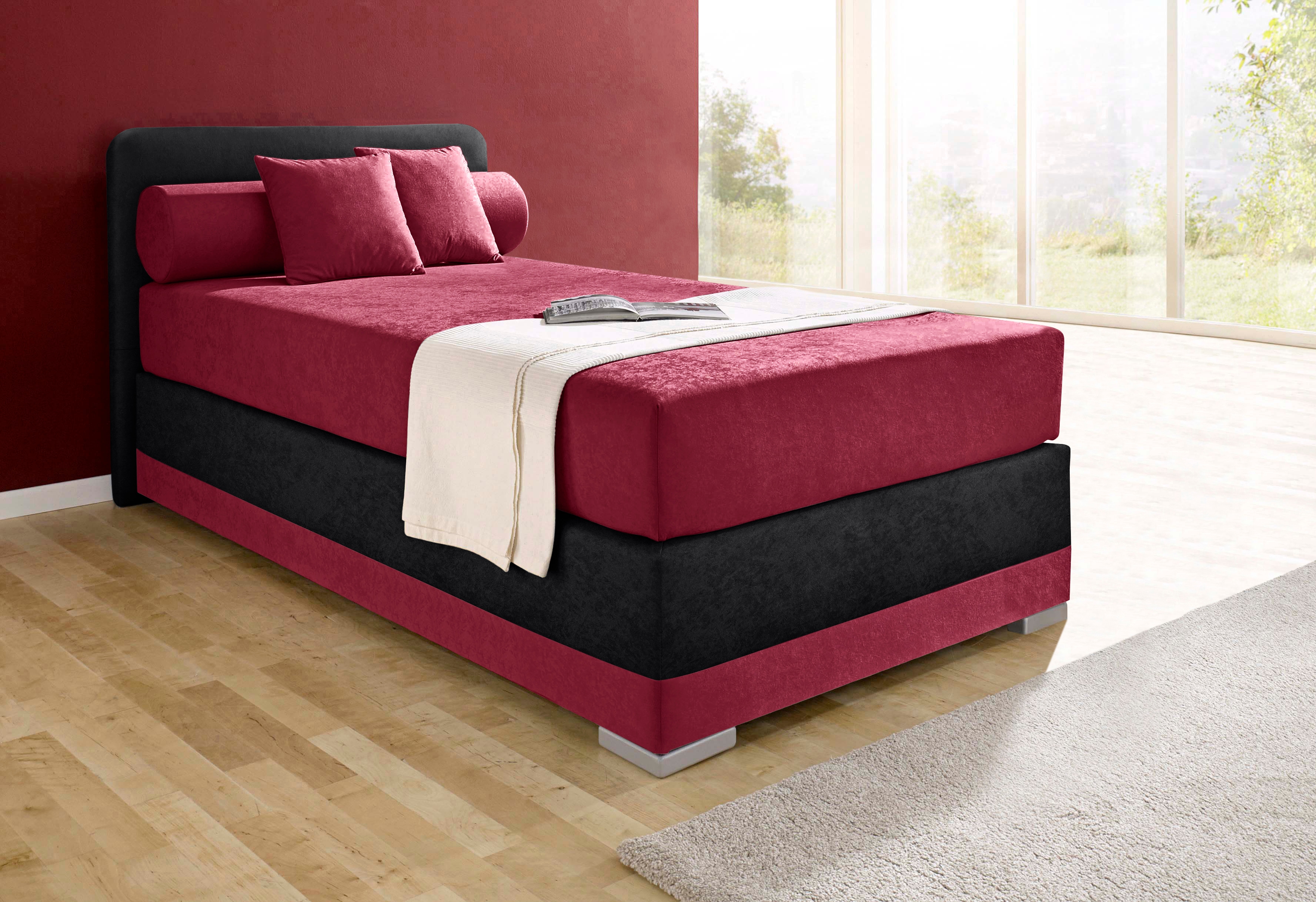 Boxspringbett MAINTAL "Lago", rot (bordeauxrot, schwarz), B:97cm L:210cm, Bezug Kopteil und seitliche Unterbox wahlweise Microvelours aus 100% Polyester oder Kunstleder;DIe Obermatratze ist bei beiden Bezugsqualitäten mit Microfaser (100% Polyester)... Image