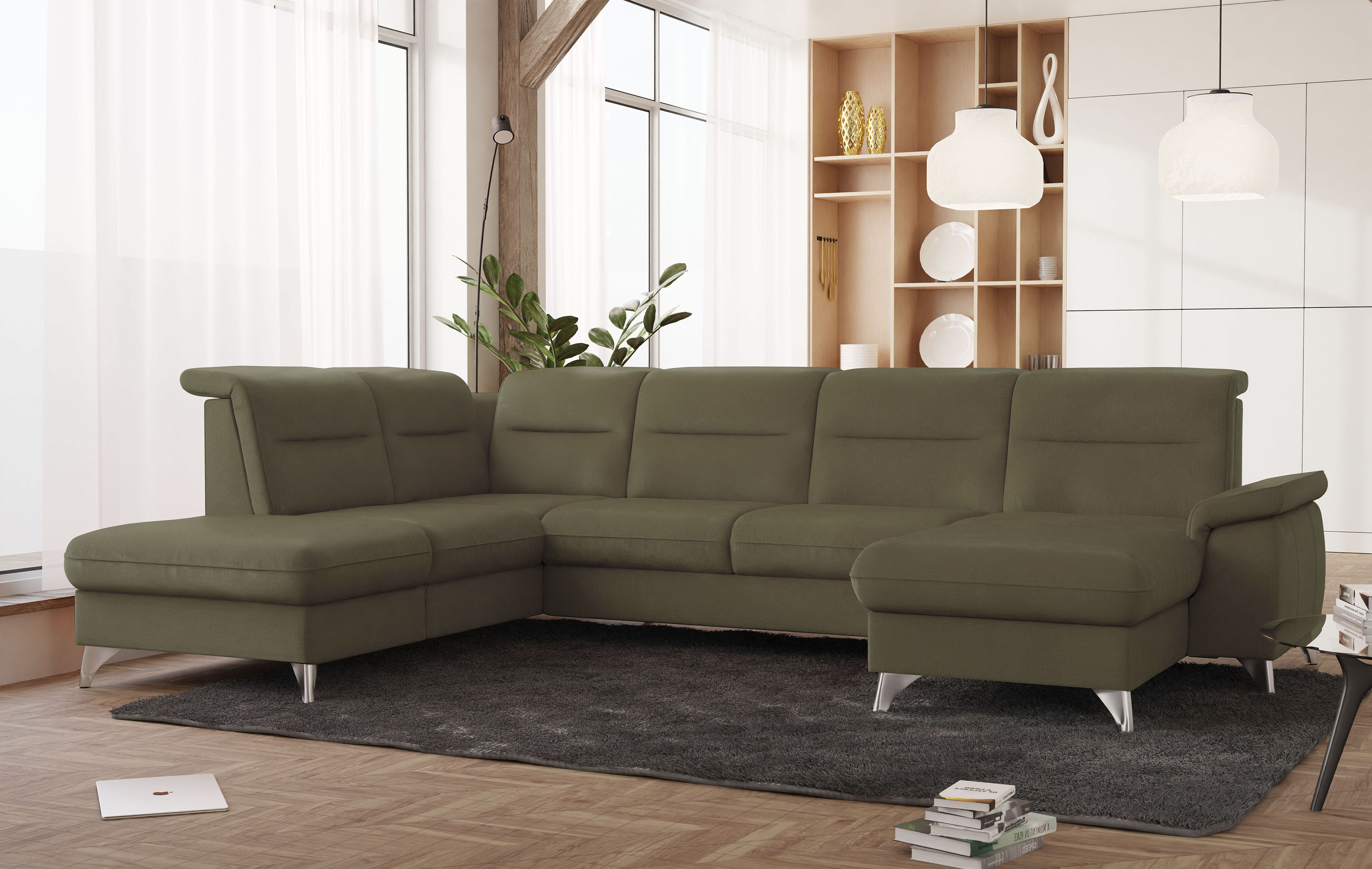 Wohnlandschaft SIT & MORE "Astoria U-Form", grün (olive), B:327cm H:91cm T:225cm, 100% Polyester, Sofas, wahlweise mit motorischer Relaxfunktion