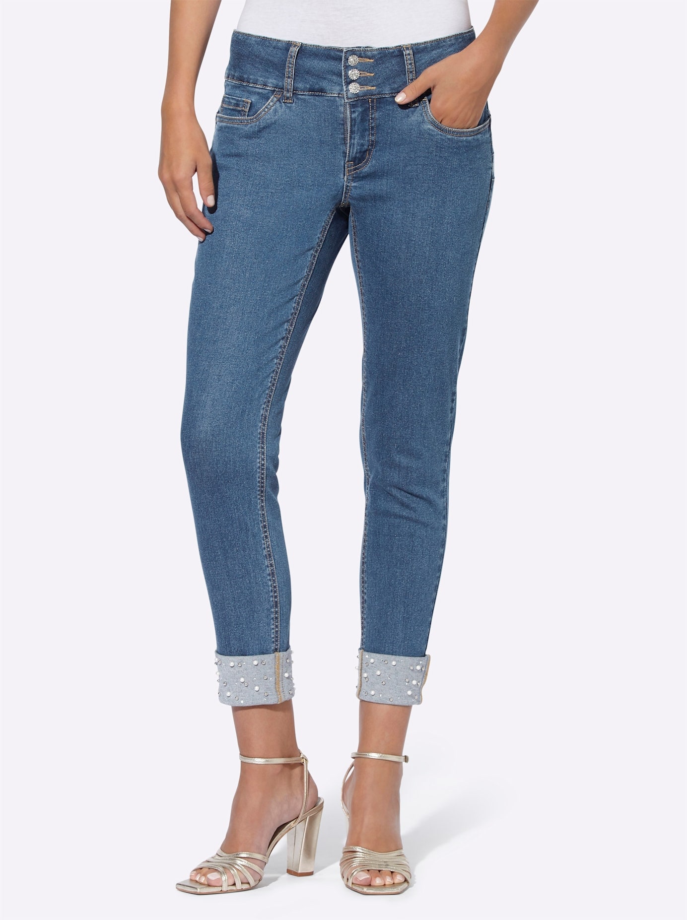Push-up-Jeans HEINE, Damen, Gr. 44, Normalgrößen, blau (blau, bleached), 98% Baumwolle, 2% Elasthan, unifarben, 7/8-Länge, Jeans