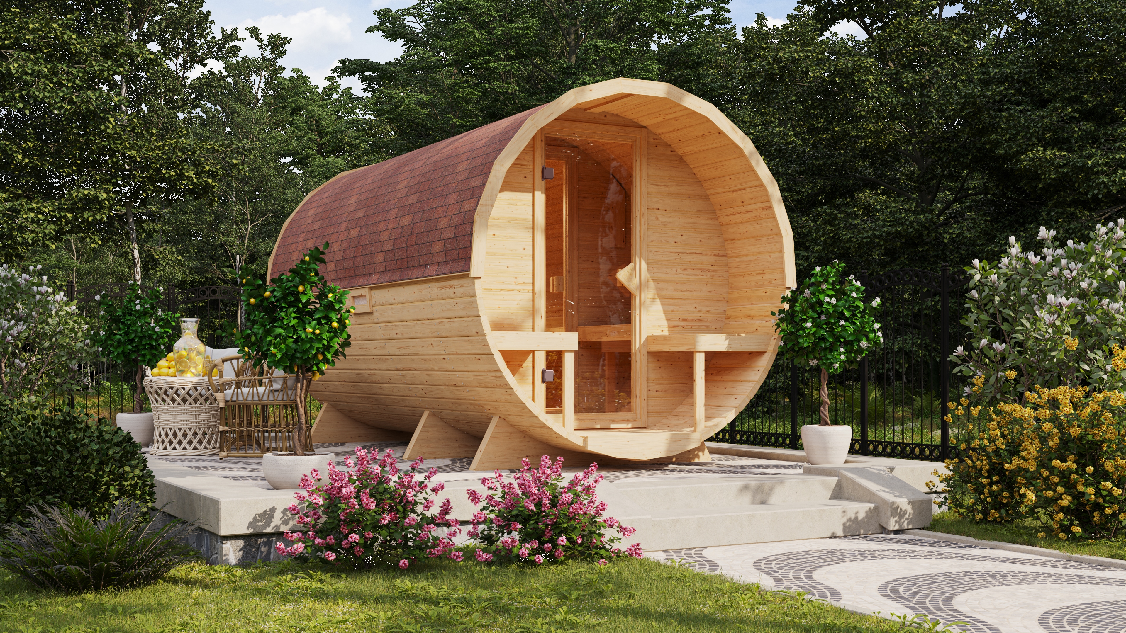 Fasssauna KONIFERA "Lathy XXL", beige (naturbelassen), Saunaofen, integrierte Steuerung, 9 kW, Saunen, 9-kW-Ofen mit integrierter Steuerung Image