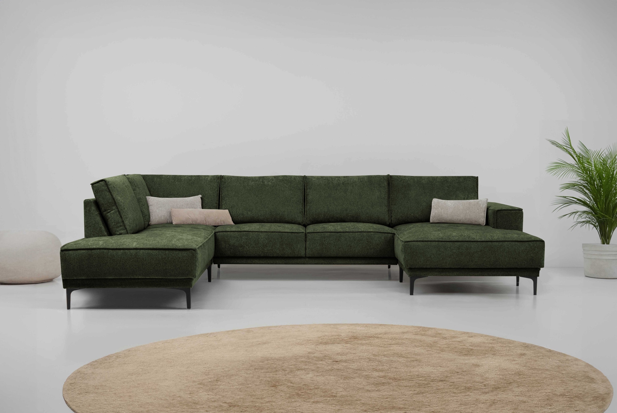 Wohnlandschaft OTTO HOME "XXL Sofa Oland, Struktur, Flachgewebe, Luxus-Microfaser, Boucle", grün, B:345cm H:85cm T:210cm, 100% Polyester, Sofas, Wohnlandschaft, U-Form, 345 cm, Wellenunterfederung, Skandi-Design, Metallfüße