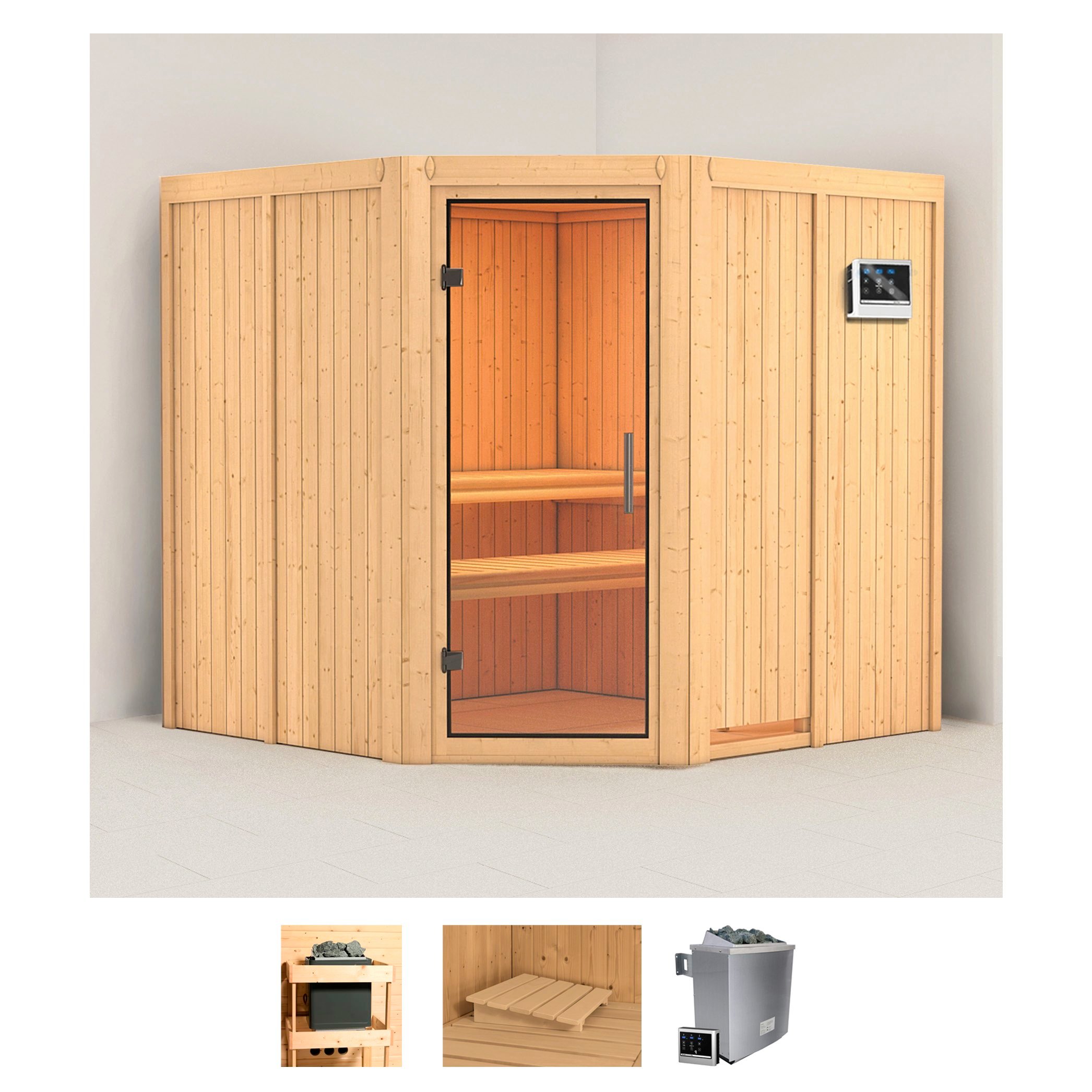 Sauna KARIBU "Jarin", beige (naturbelassen), Saunaofen, externe Steuerung, 9 kW, Saunen, 9-kW-Ofen mit externer Steuerung Image