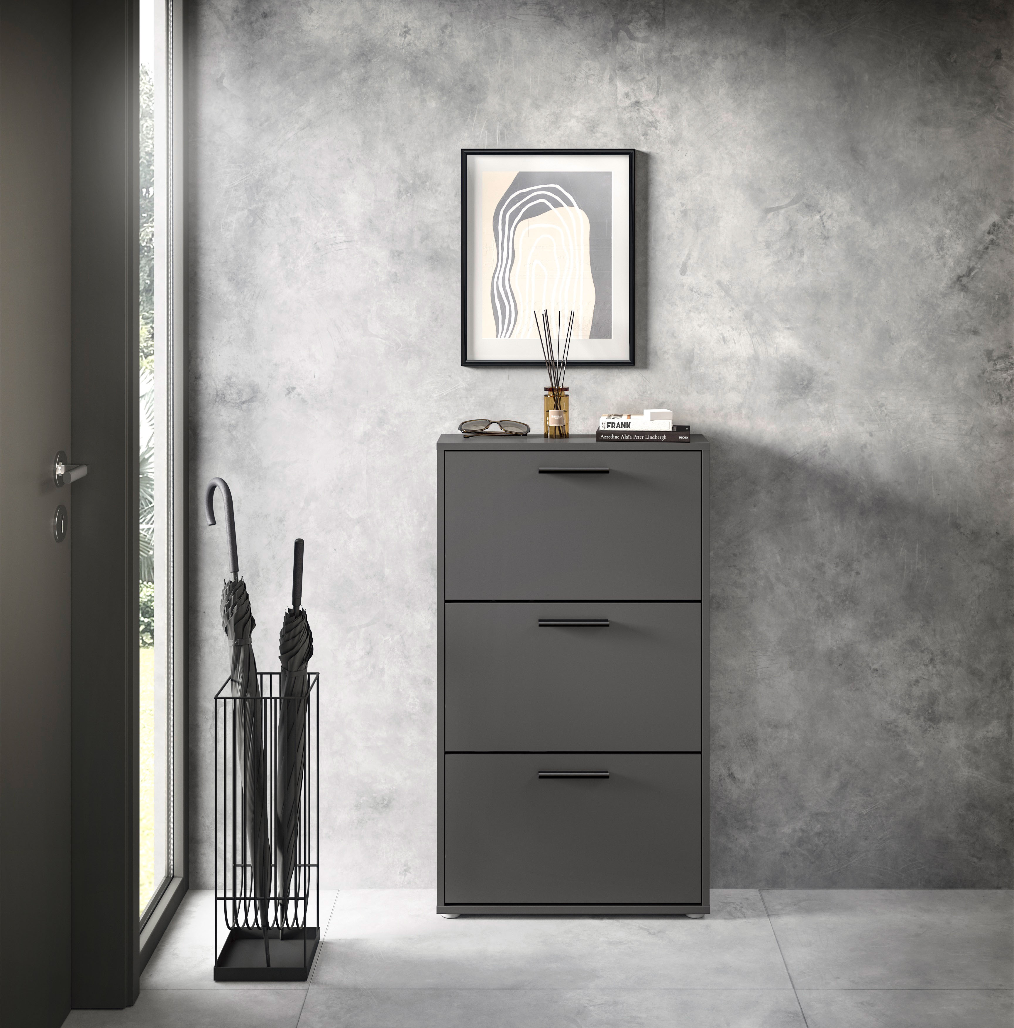 Schuhkipper HBZ "Sam Schuhkipper, Schuhschrank BxHxT 59x103x17 cm", grau (anthrazit, anthrazit), B:59cm H:103cm T:17cm, Holzwerkstoff, Sideboards, Schuhkipper, Schuhschrank mit 3 Klappen, BxHxT 59x103x17cm