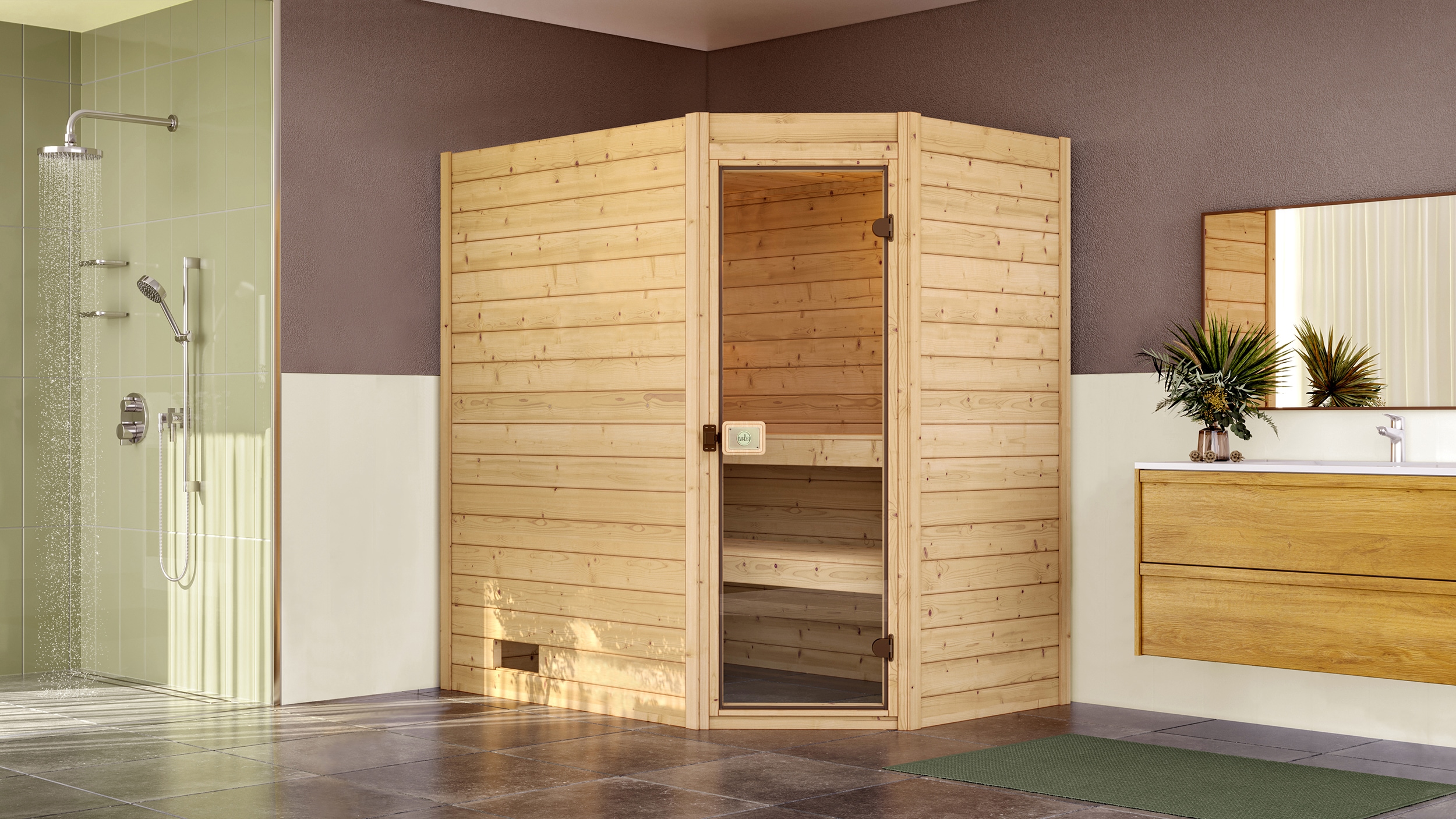 Sauna WEKA "Massivholzsauna VALIDA Eck 1", beige (natur), ohne Ofen, ohne Steuerung, (ohne Ofen), Saunen, Blockbohlen, moderne Ganzglastür