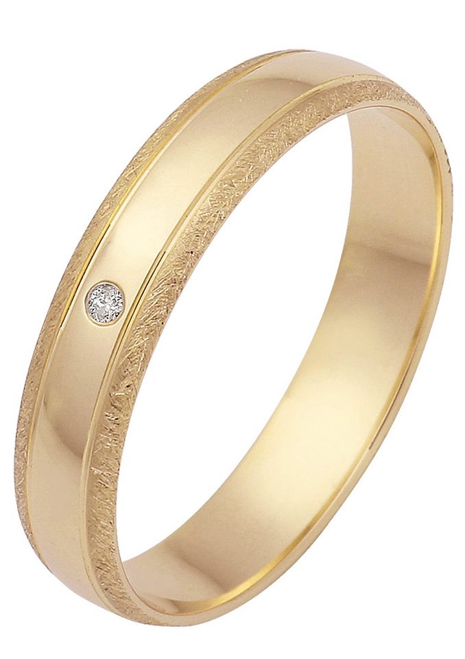 Trauring FIRETTI "Schmuck Geschenk Gold 375 Hochzeit Ehering Trauring "LIEBE" Gr. 19, gold (gelbgoldfarben), Fingerringe, 19, 0,01 SI = kleine Einschlüsse mit Brillant, Gelbgold 375, 4mm, Made in Germany, wahlweise mit oder ohne Brillant Image