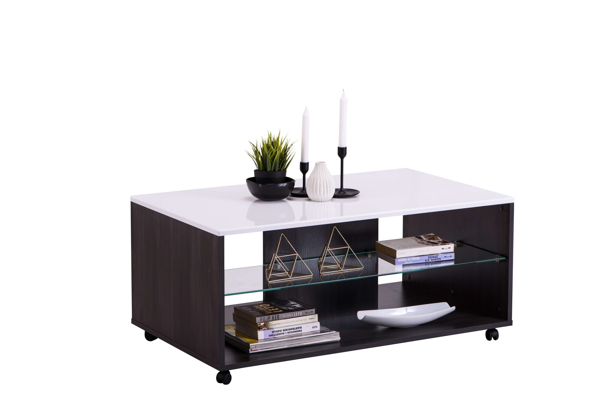 Couchtisch INOSIGN "Enzo", weiß (weiß hochglanz folie, schwarz holz, schwarz holz, weiß hochglanz folie), B:101cm H:45cm T:60cm, Tische, Couchtisch, Hochglanzplatte, mit Rollen