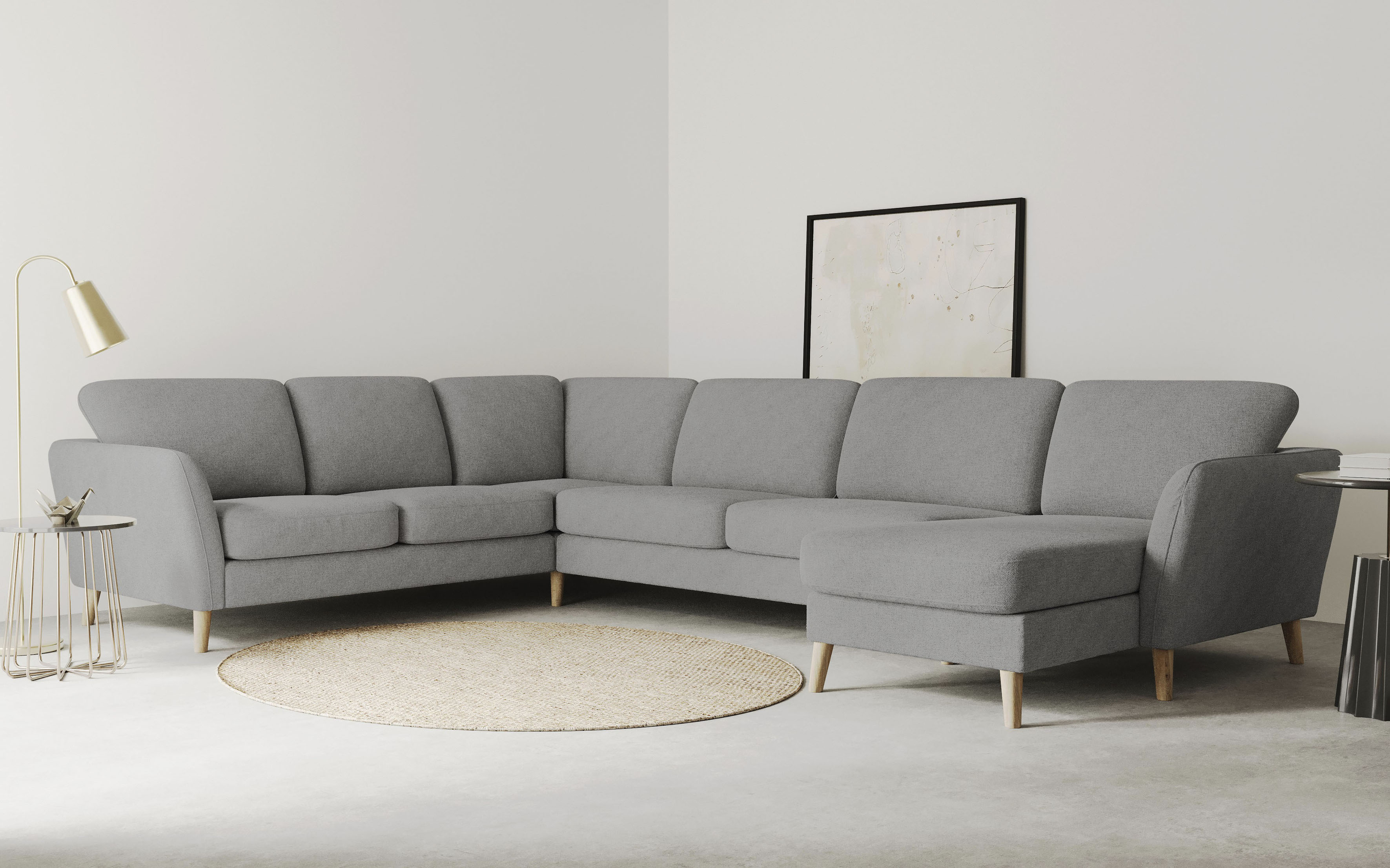 Home affaire "MARSEILLE XXL 349cm, U-Form, Ottomane rechts/links wählbar" Massivholzbeine Eiche, Landhausstil, Wellenunterfederung