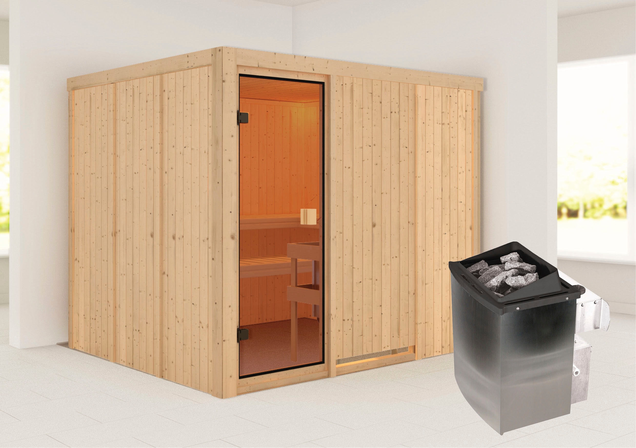 Sauna KARIBU "Nybro", beige (naturbelassen), (ohne Ofen), Saunen, Ofen 9 kW integr. Strg