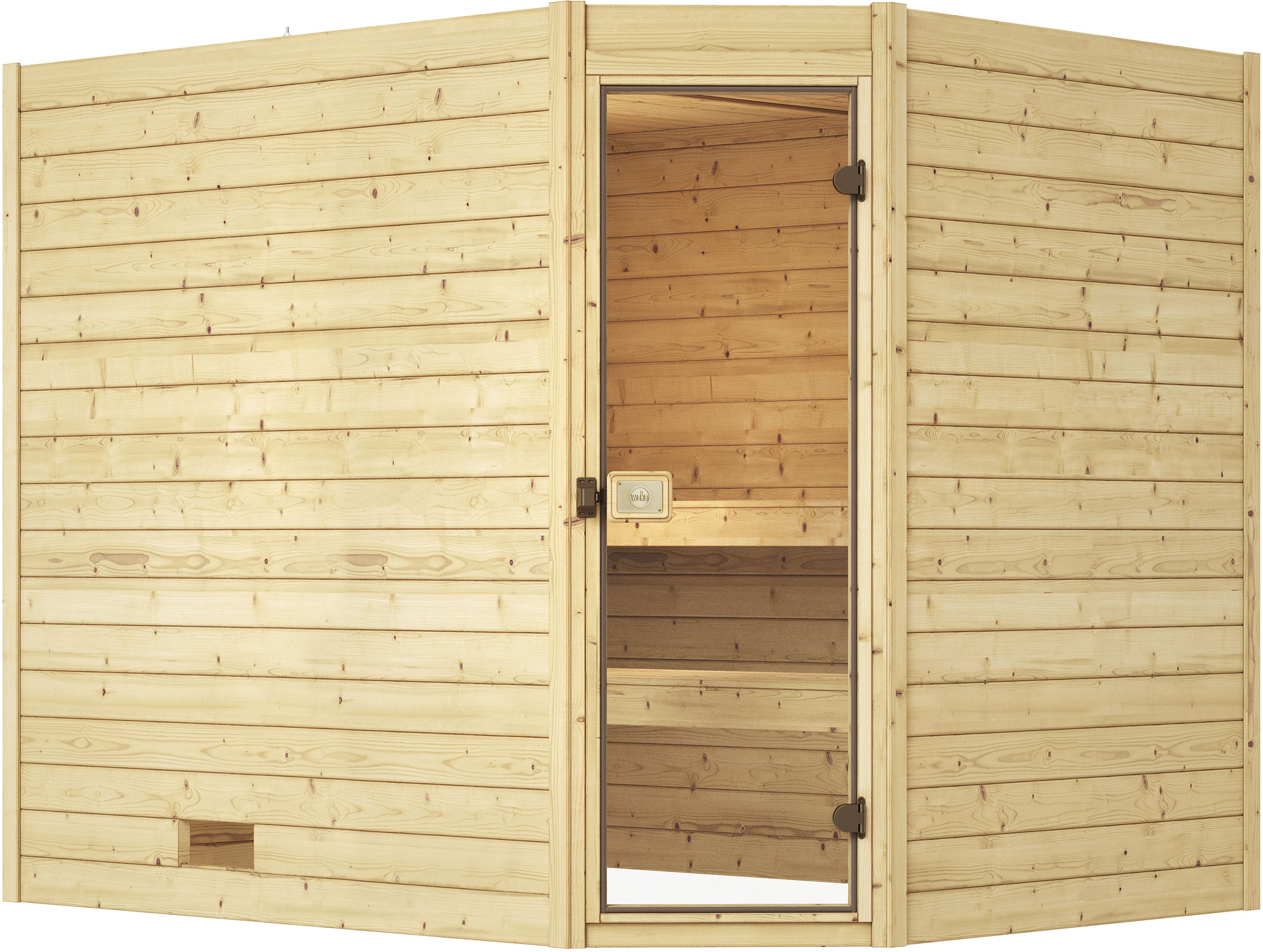 Sauna WEKA "Massivholzsauna VALIDA Eck 3", beige (natur), Saunaofen, externe Steuerung, 9 kW, Saunen, Blockbohlen, moderne Ganzglastür