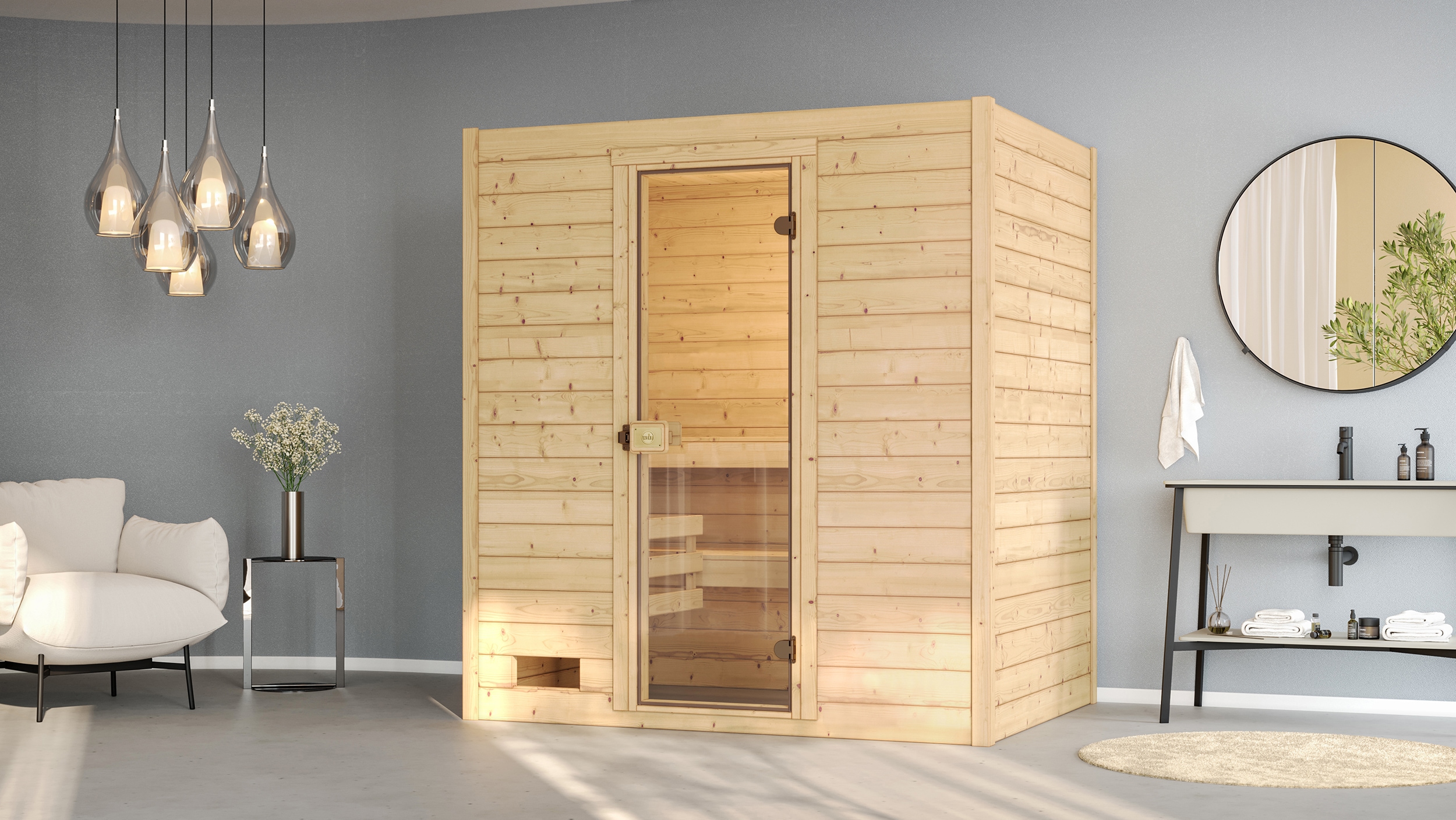Sauna WEKA "Massivholzsauna VALIDA 2", beige (natur), Saunaofen, externe Steuerung, 7,5 kW, Saunen, Blockbohlen, moderne Ganzglastür