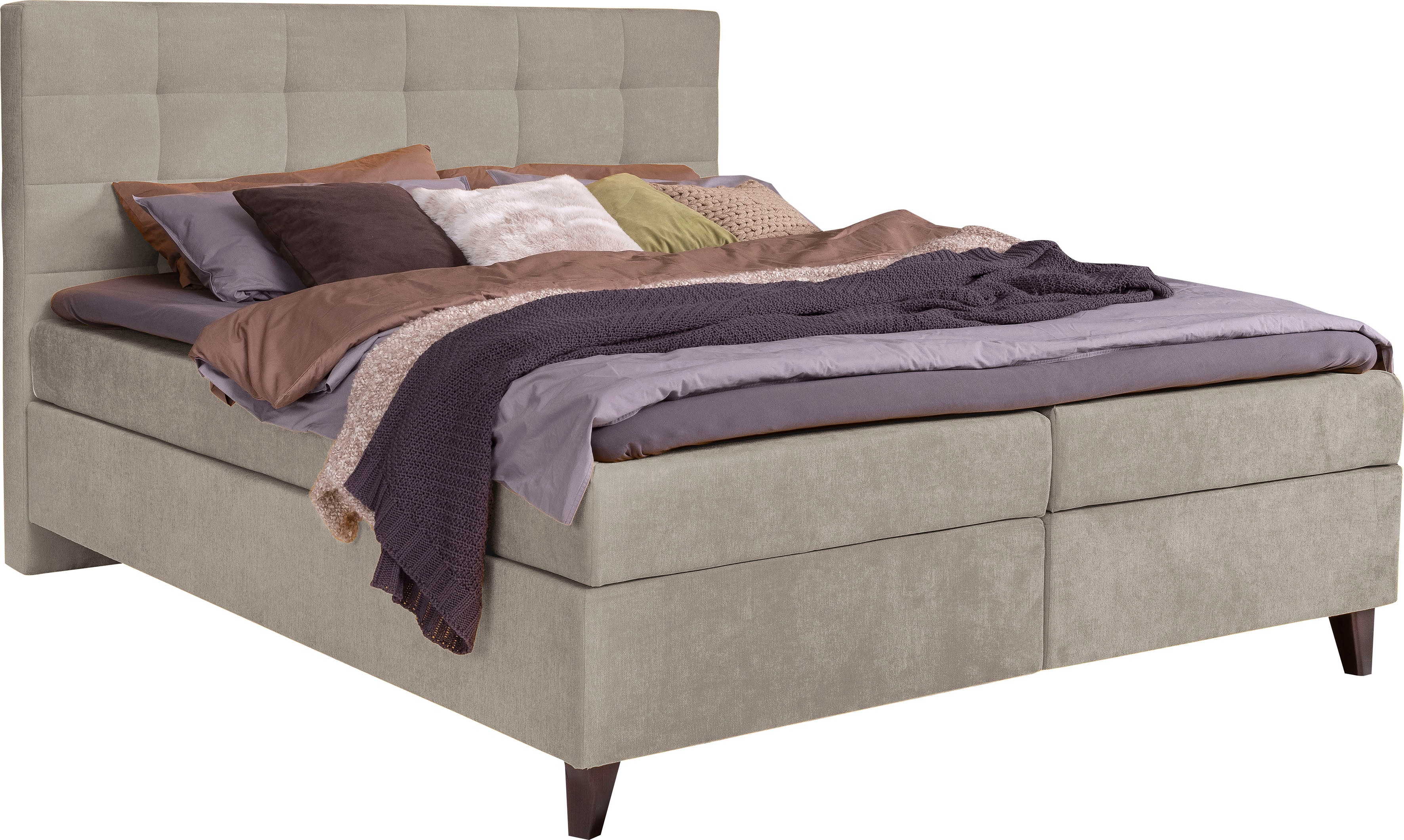 Boxspringbett ALINA "Neomi", beige (beige enf 2), B:180cm L:212cm, Samt ENF (95% Polyester, 5% Polyamid), Komplettbetten, Boxspringbett, inklusive Matratze und Topper Image