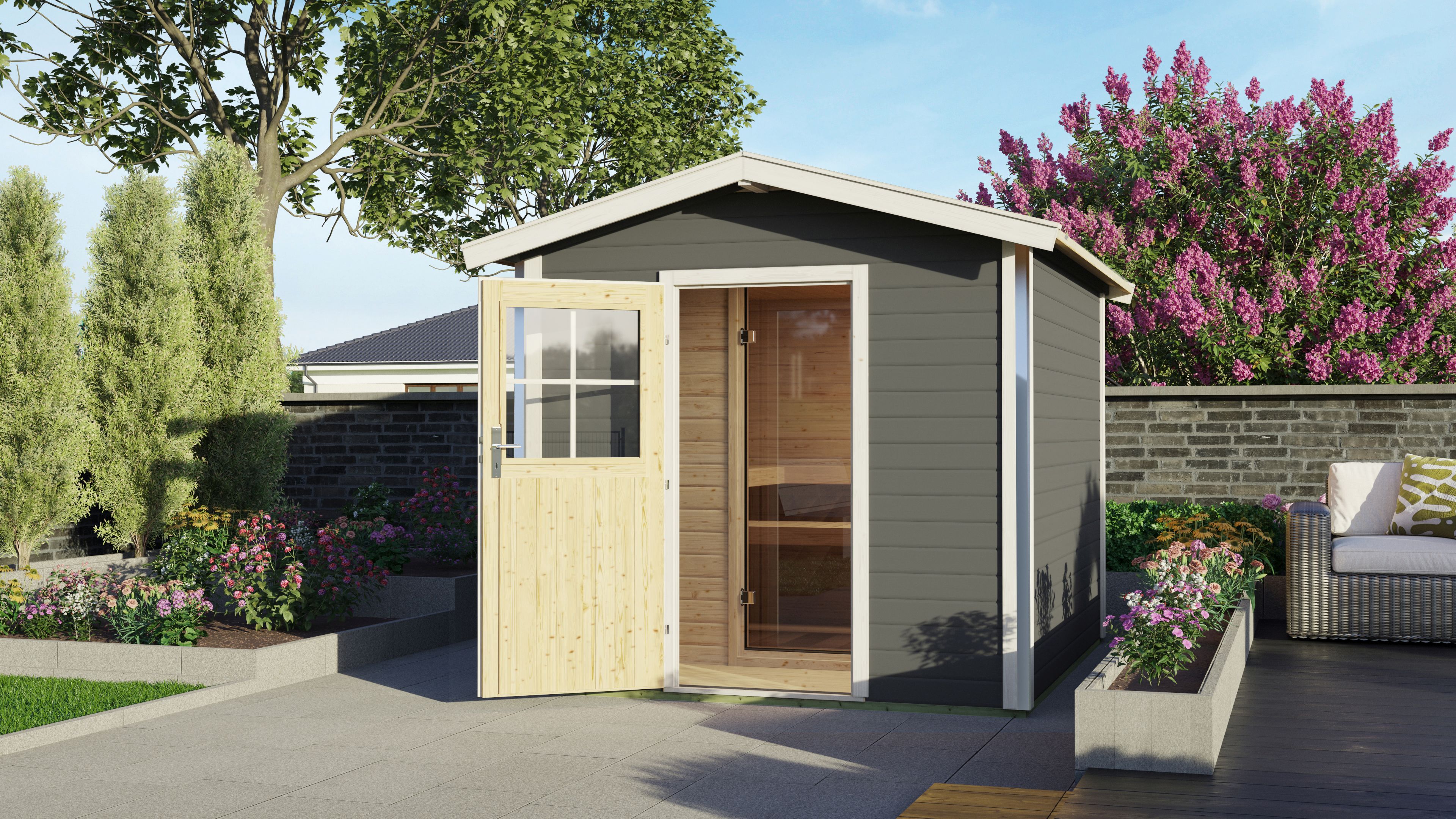 Saunahaus KARIBU "»Bosse 1« mit Vorraum und klassischer Tür, terragrau", grau (terragrau), ohne Ofen, ohne Steuerung, (ohne Ofen), Saunen, Mit 9 kW Ofen Bio mit externe Steuerung easy