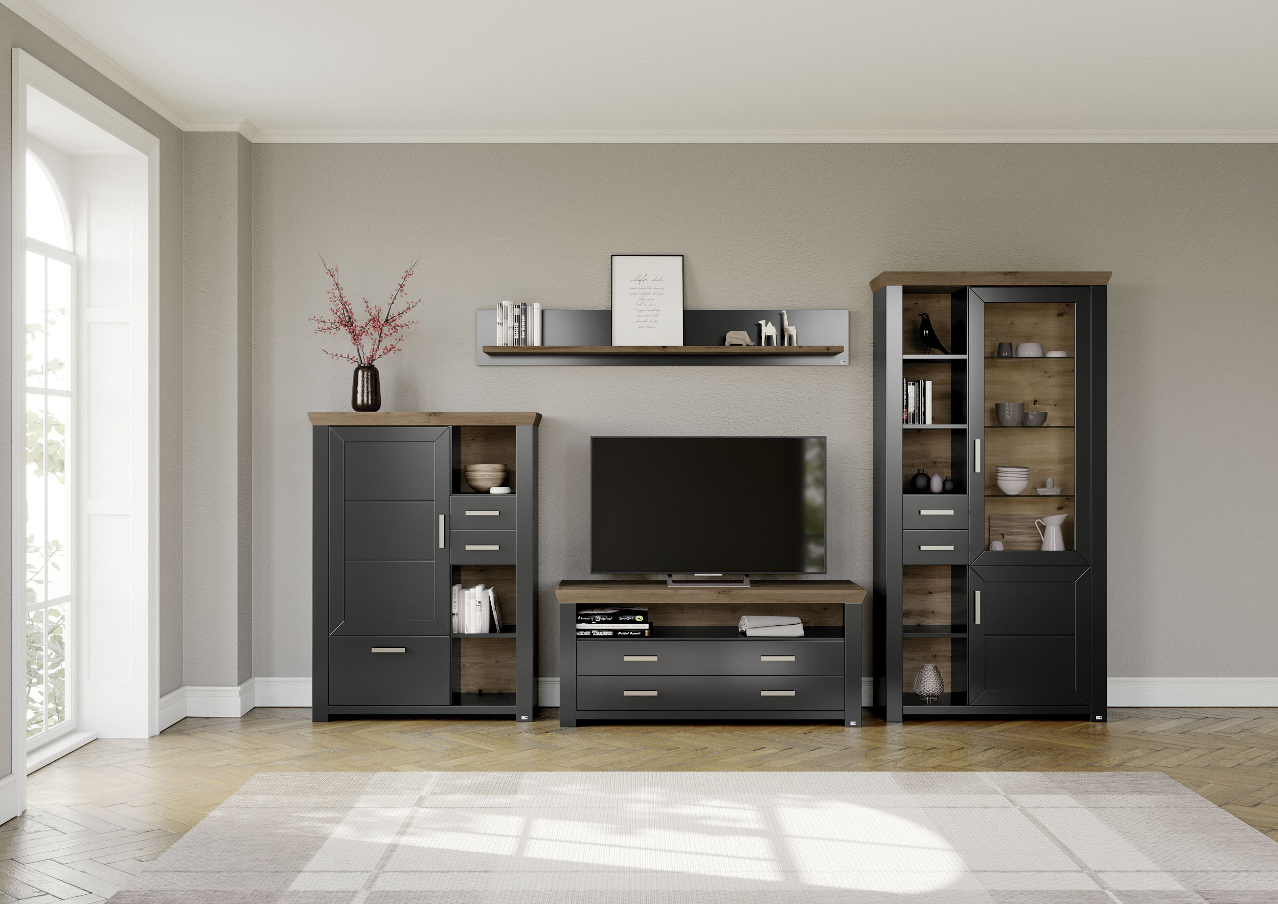 Wohnwand "York", grau (grau, eiche), B:370cm H:207cm T:51cm, Spanplatte, SET ONE BY MUSTERRING, Kastenmöbel-Sets, Kombination mit 4 Teilen, in 3 Farbvarianten, Gesamtbreite 370 cm