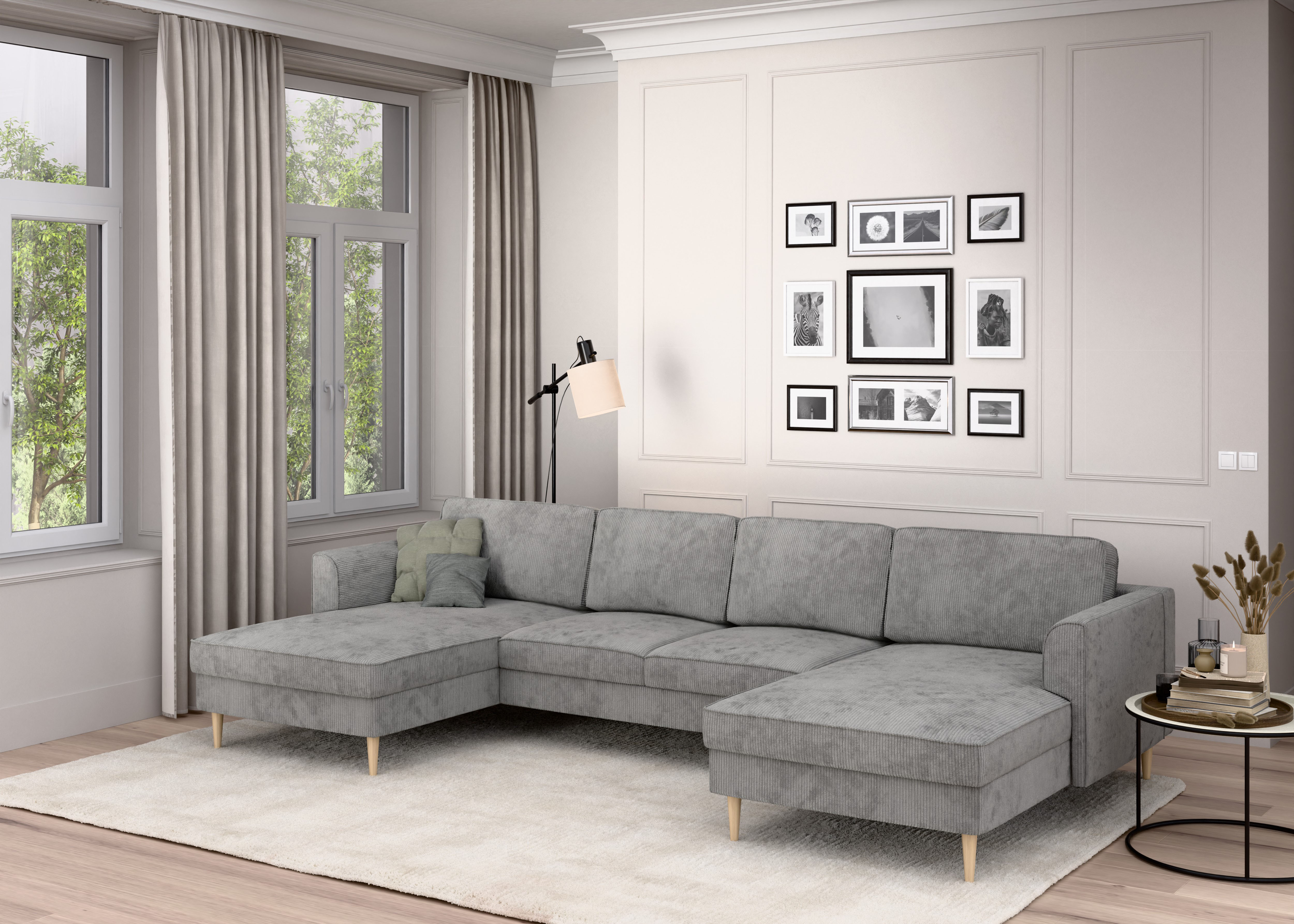 Wohnlandschaft HOME AFFAIRE "Booster, whlw. mit Schlaffunktion & Bettkasten, Fuß Buche lackiert", betongrau, B:305cm H:83cm T:161cm, 92% Polyester, 8% Polyamid, Sofas, Sofa in U-Form, Breite 305 cm