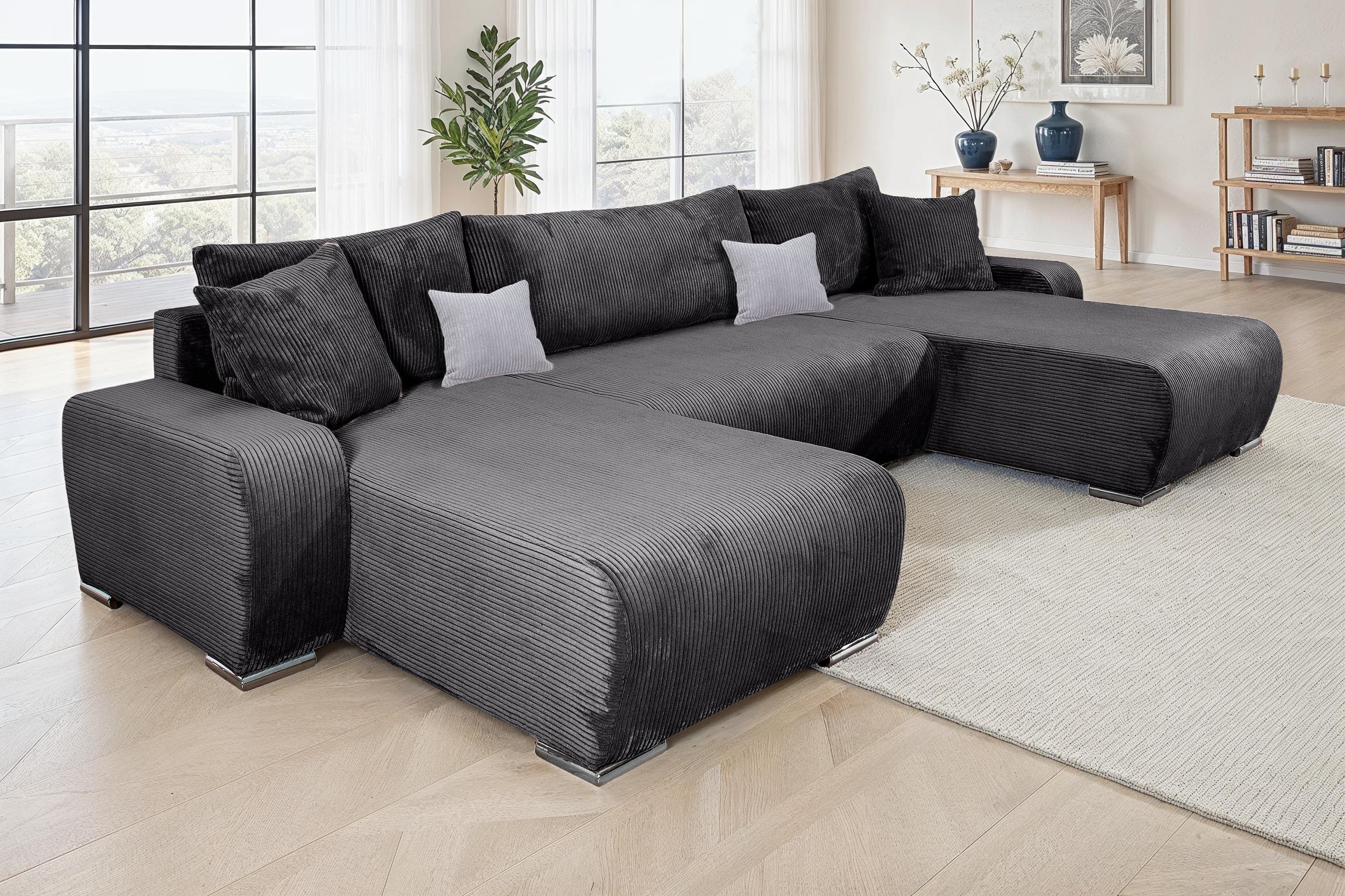 Wohnlandschaft COLLECTION AB "Paola U-Form, Breite 314 cm", grau (anthrazit), B:314cm H:41cm T:169cm, 100%Polyester, Sofas, inkl. Schlaffunktion, Stauraum, Zierkissen und Bonnellfederkern, Topseller