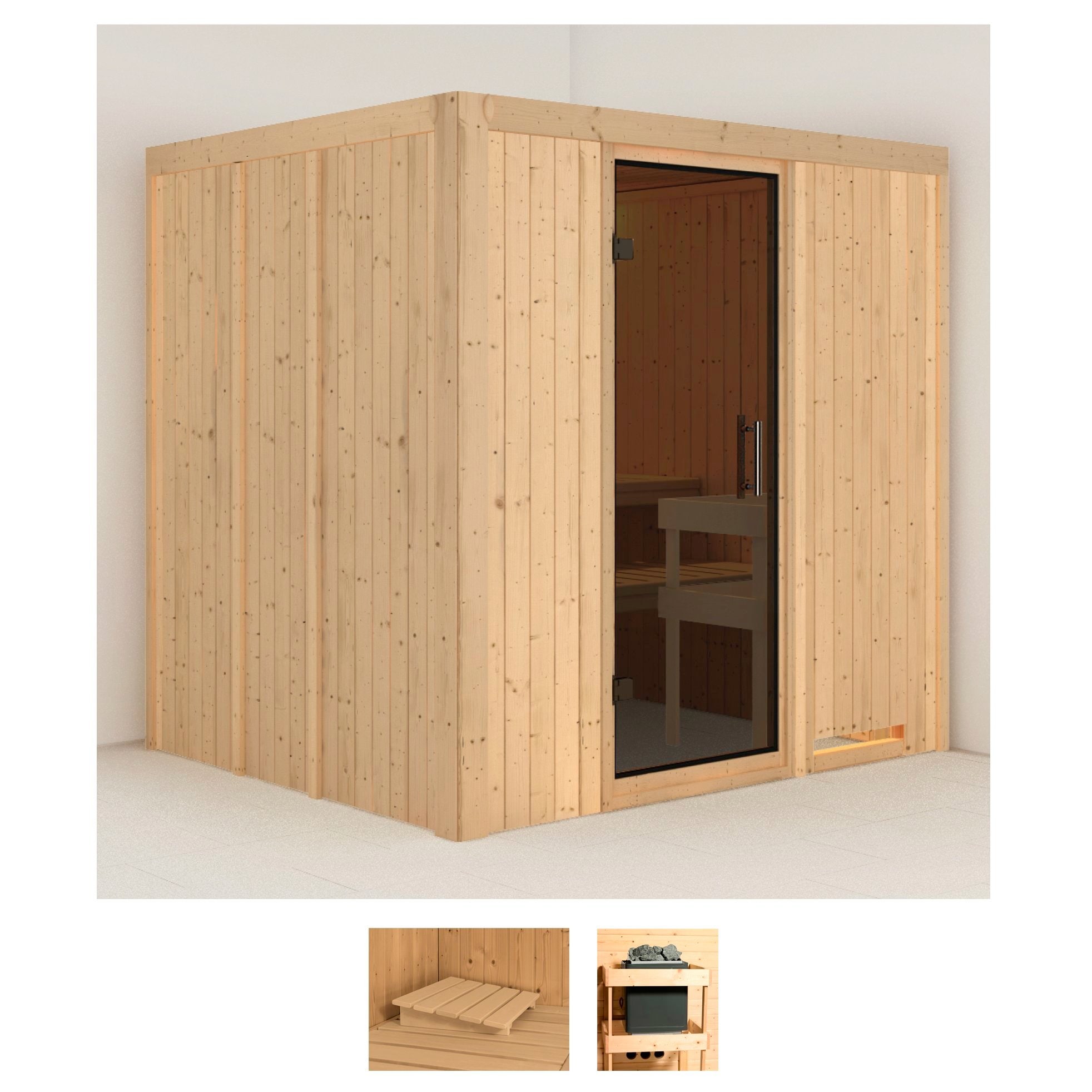 Sauna KARIBU "Dima", beige (naturbelassen), ohne Ofen, (ohne Ofen), Saunen, ohne Ofen
