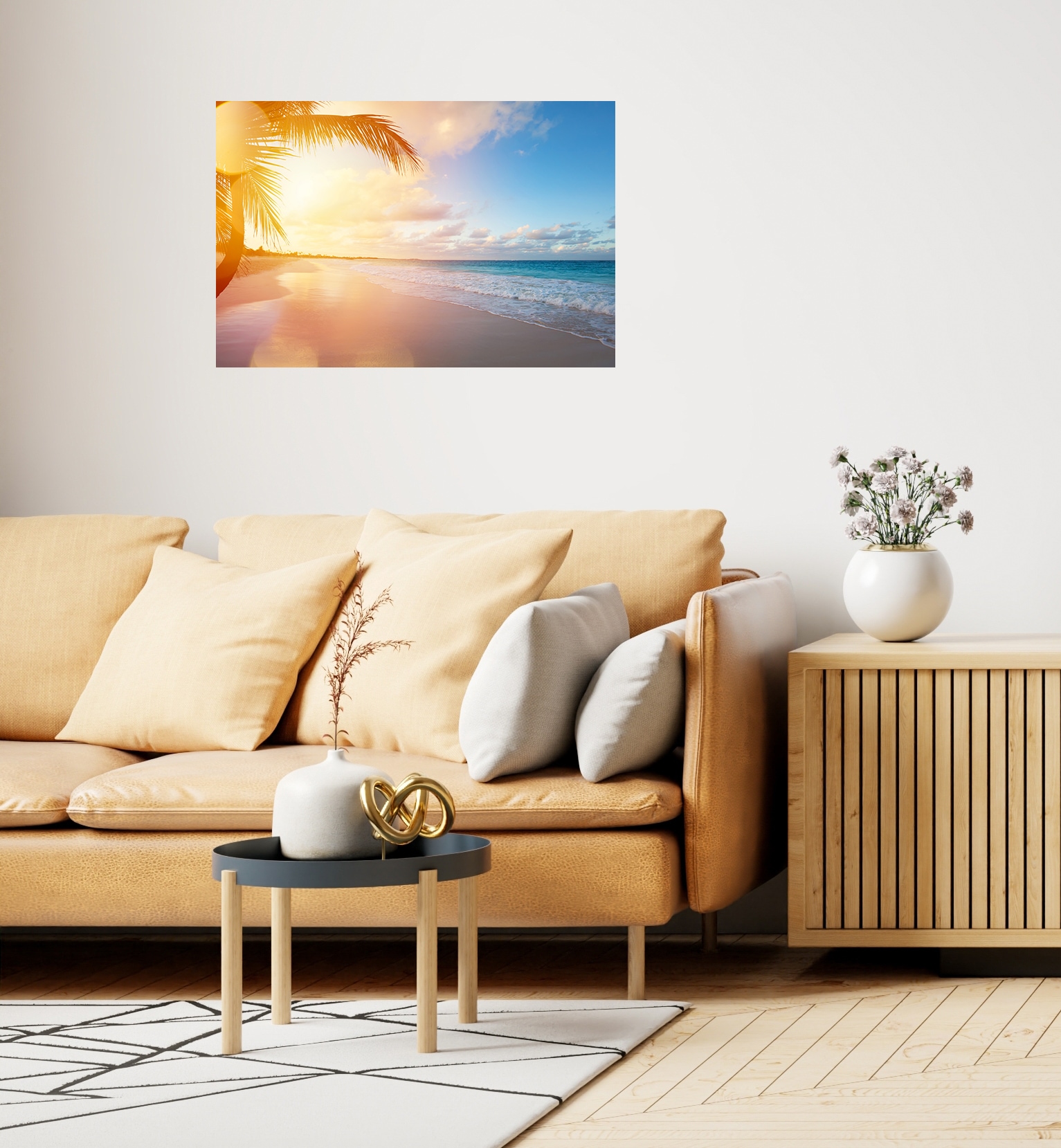 Wandsticker QUEENCE "Urlaub", gelb, B:90cm H:60cm T:0,1cm, Folie, Wandtattoos, Selbstklebend, kinderleichte Anbringung, Sticker, Sonnenaufgang, Meer