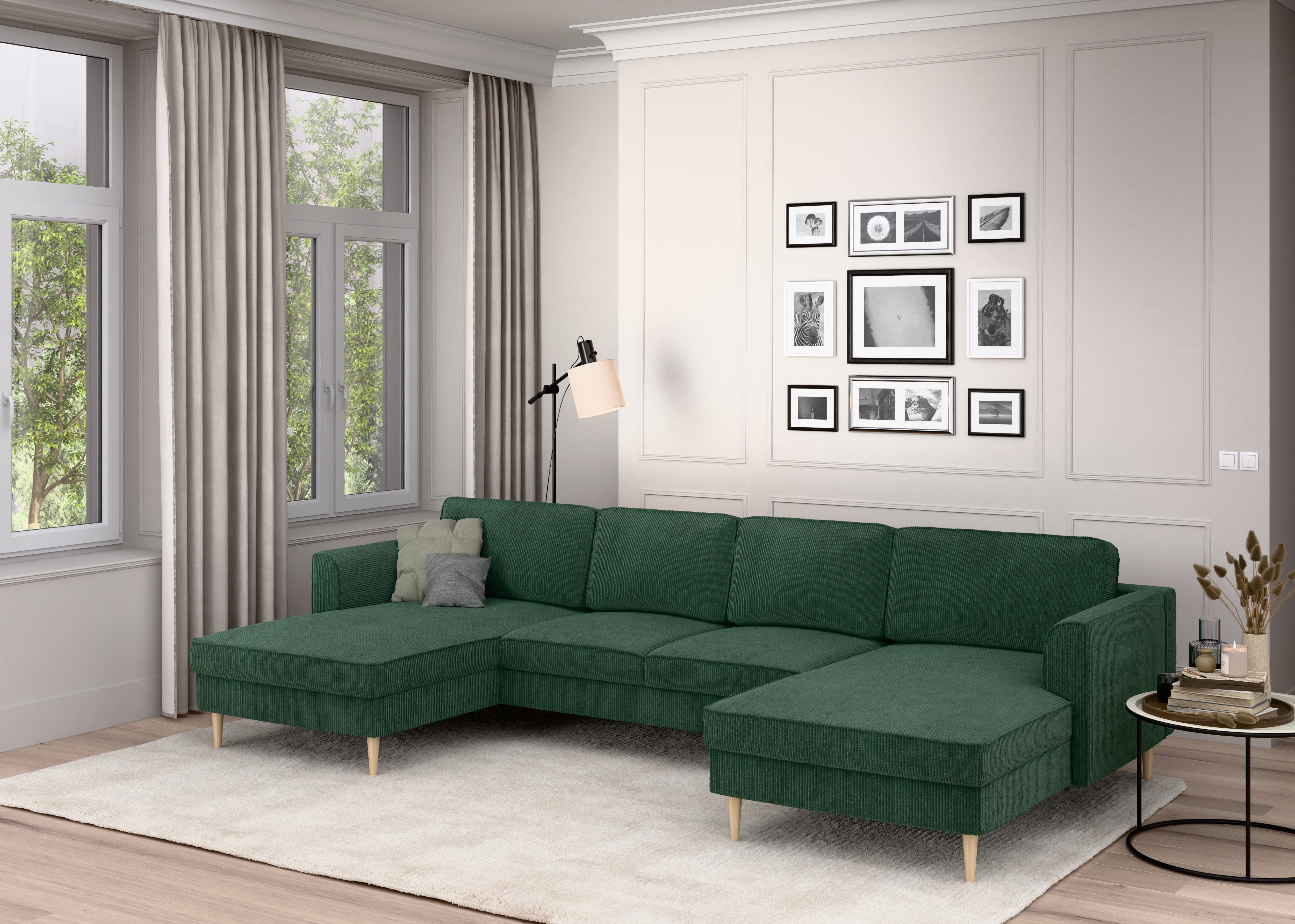 Wohnlandschaft HOME AFFAIRE "Booster, whlw. mit Schlaffunktion & Bettkasten, Fuß Buche lackiert", dunkelgrün, B:305cm H:83cm T:161cm, 92% Polyester, 8% Polyamid, Sofas, Sofa in U-Form, Breite 305 cm