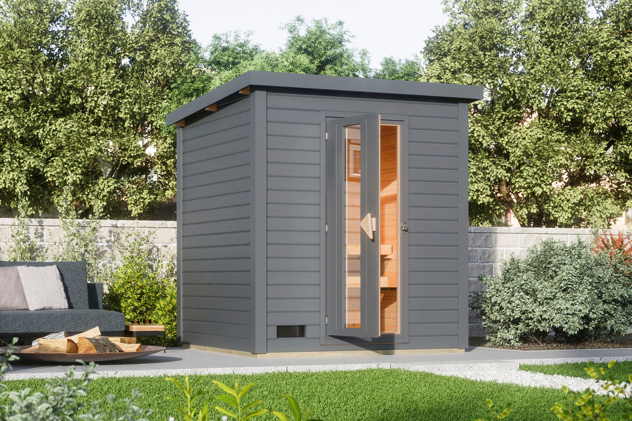 Saunahaus KARIBU "Talo 2", grau (terragrau), Saunaofen, integrierte Steuerung, (ohne Ofen), Saunen, Ofen 9 kW, integrierte Steuerung, mit Energiespartür Image