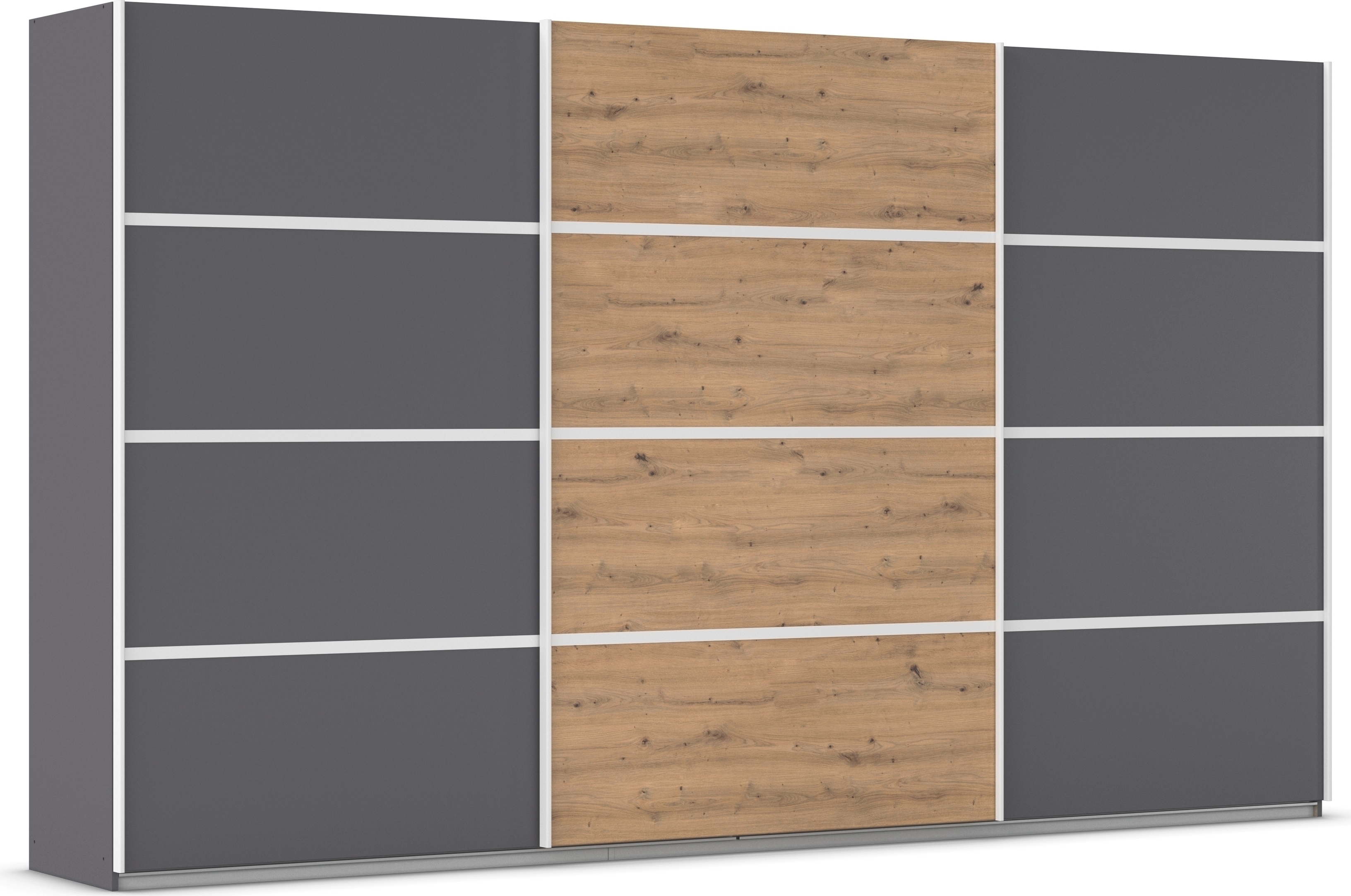 Kleiderschrank RAUCH "Schwebetürenschrank OTTO´s Choice Garderobe Schrank TOP ANGEBOT Avola", grau (graumetallic, eiche artisan, leisten weiß), B:360cm H:229cm T:62cm, Holzwerkstoff, Schränke, mit eleganten Zierleisten in Chrom, Schwarz oder Weiß... Image