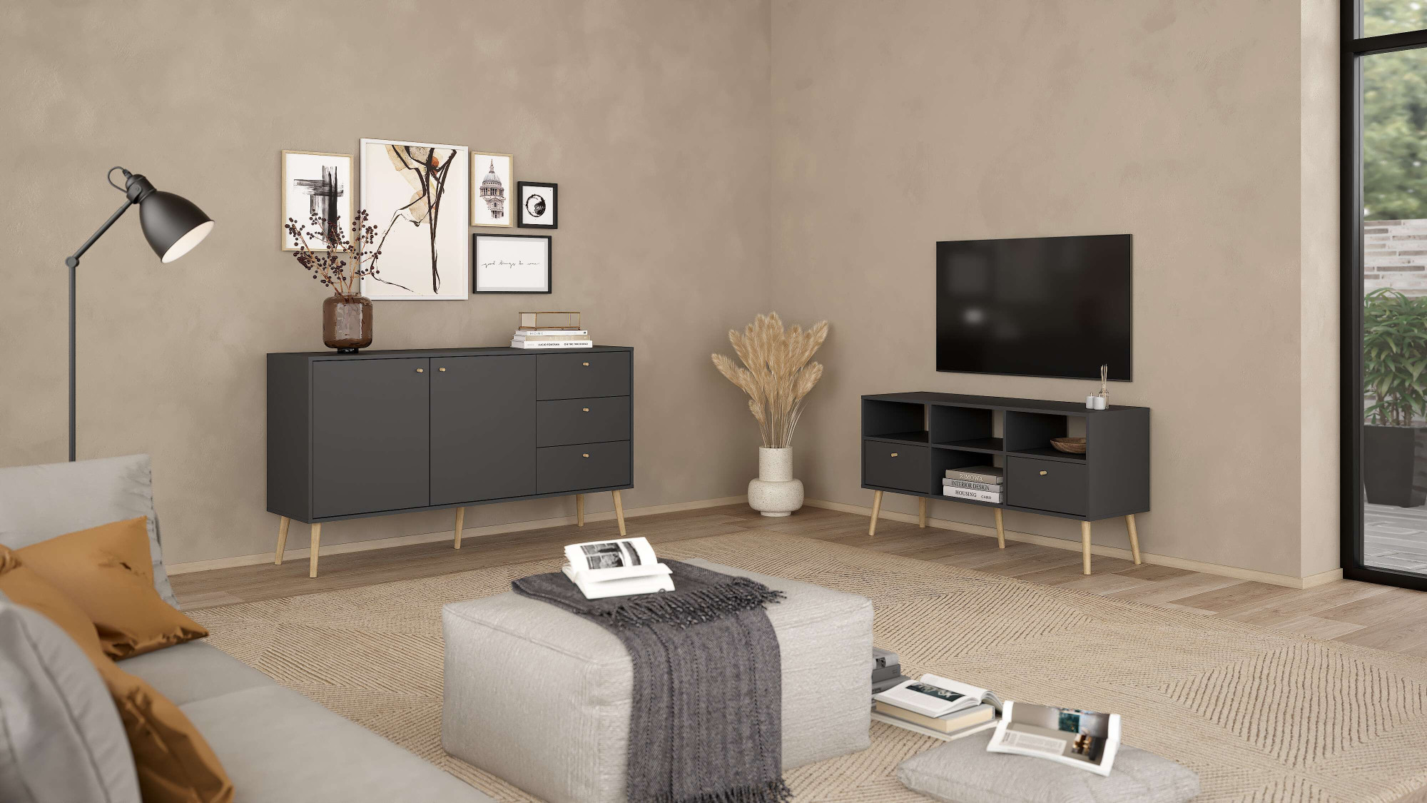 TV-Board ANDAS "Bodo TV-Möbel, TV-Unit, Mediamöbel, Regal", grau (matt grau), B:117,2cm H:60,8cm T:39,1cm, Spanplatte, Sideboards, 2 Schubladen und 4 offene Fächer, Beine und Griffe aus Massivholz