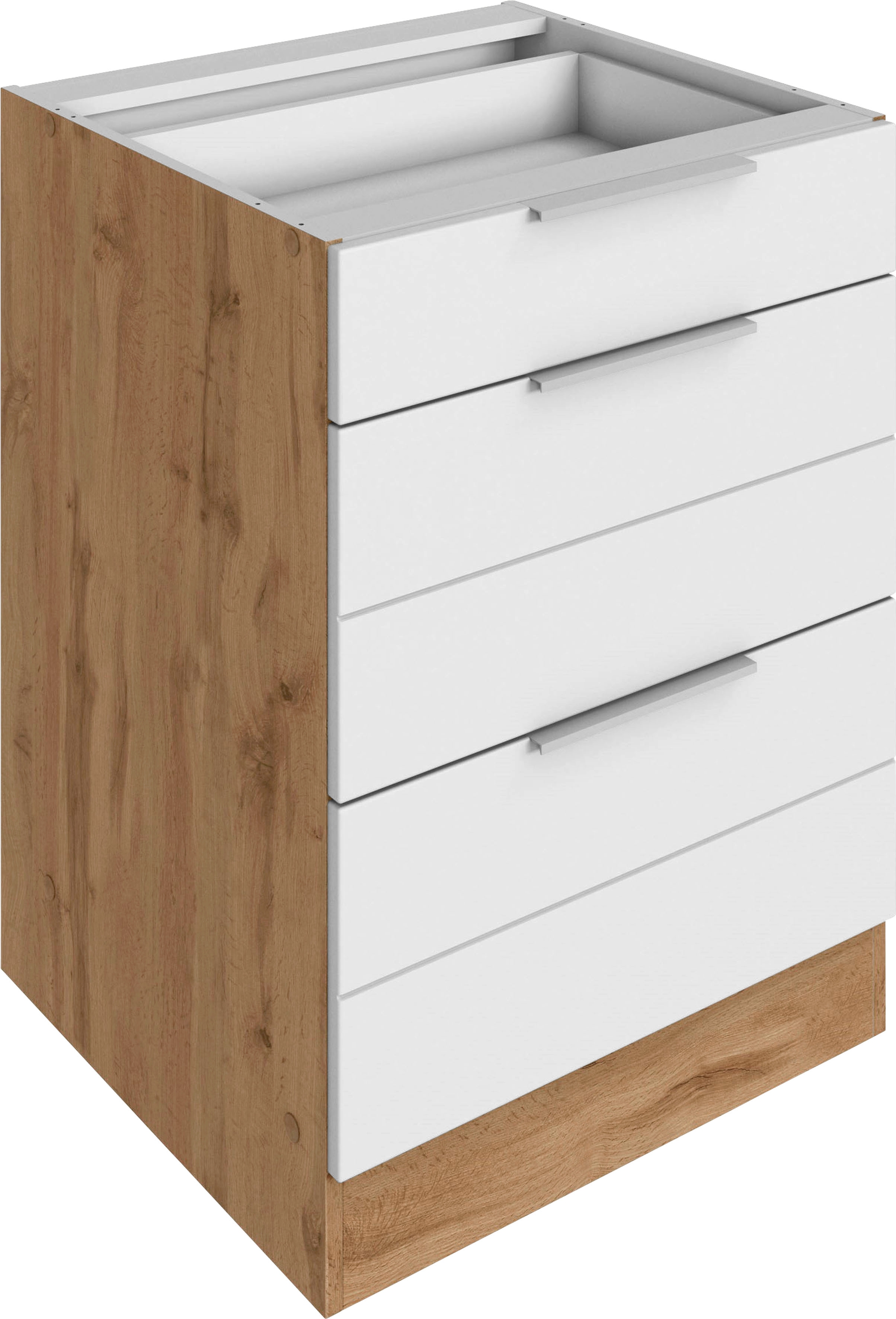 Auszugsunterschrank KOCHSTATION "KS-Luhe", weiß (weiß matt, wotaneiche), B:60cm H:82cm T:60cm, MDF, Schränke, Küchenunterschrank, 60 cm breit, hochwertige MDF-Fronten mit waagerechter Lisene