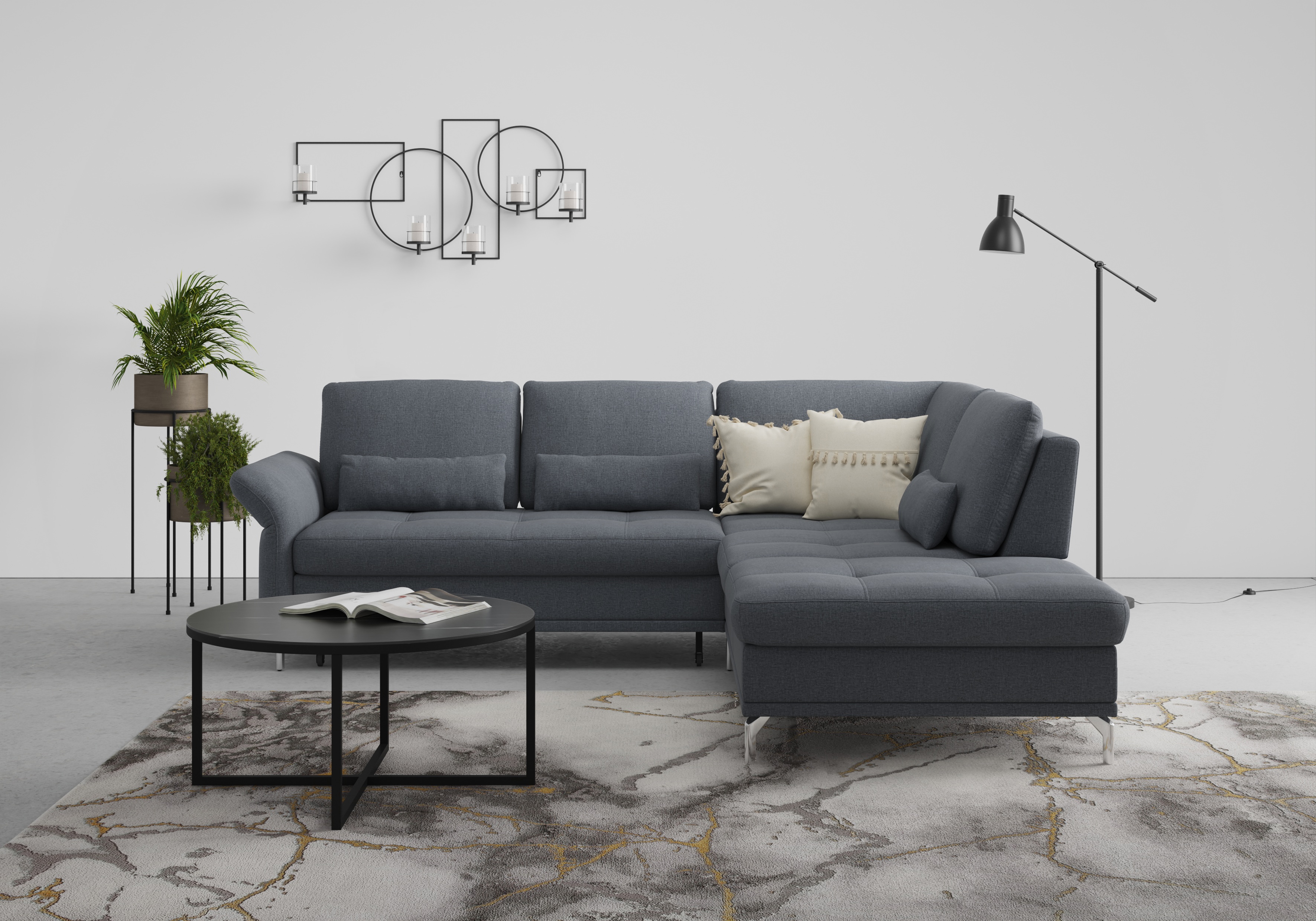 Ecksofa INOSIGN "Palm Beach L-Form", blau (blaugrau), B:263cm H:89cm T:224cm, 100%Polyester, Sofas, Federkern, mit Sitztiefenverstellung, wahlweise mit Bettfunktion