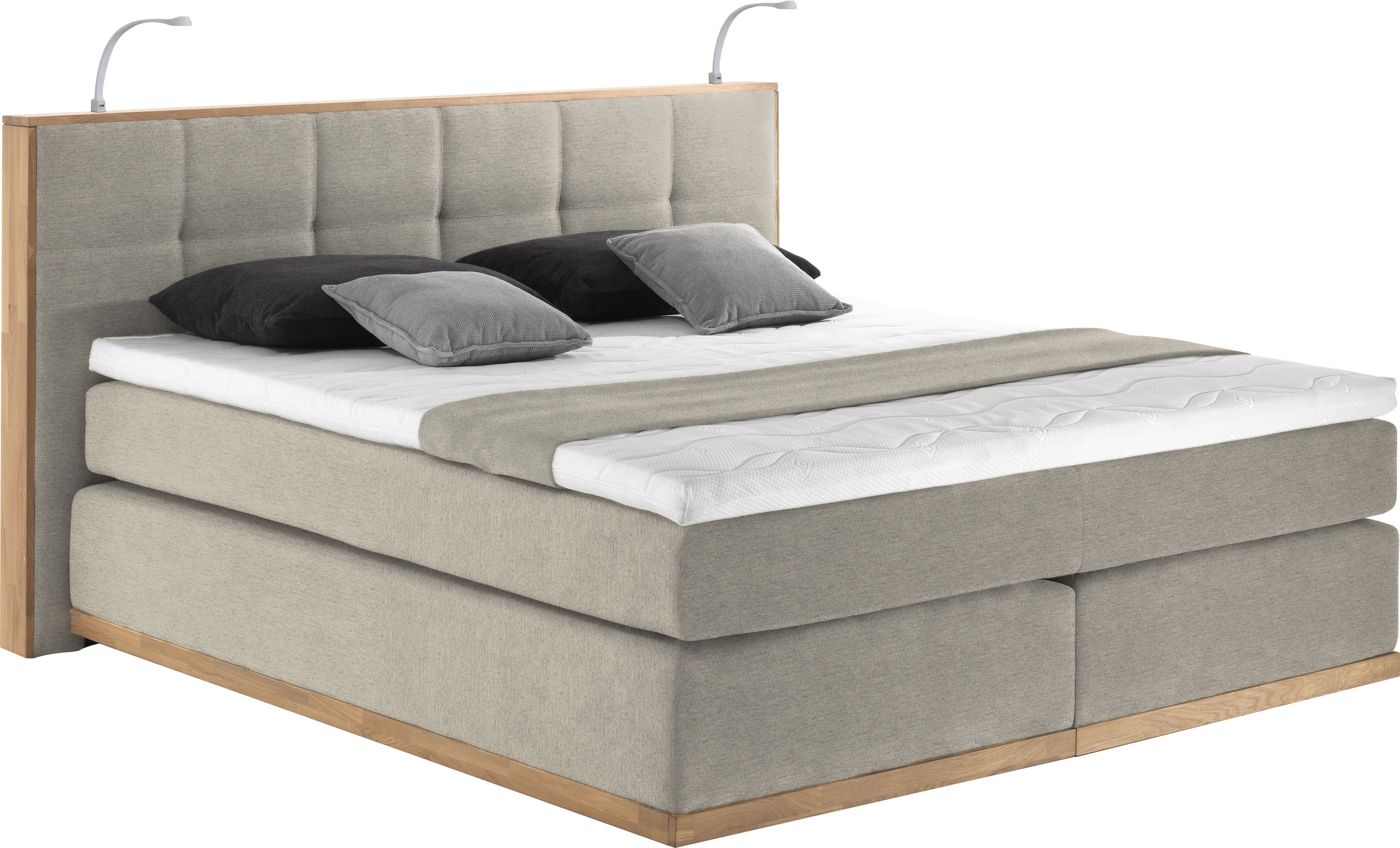 Boxspringbett HOME AFFAIRE "Vinton", beige, B:220cm L:213cm, Komplettbetten, Boxspringbett, aus Eiche, mit LED-Beleuchtung, verschiedene Härtegrade (auch H4) Image