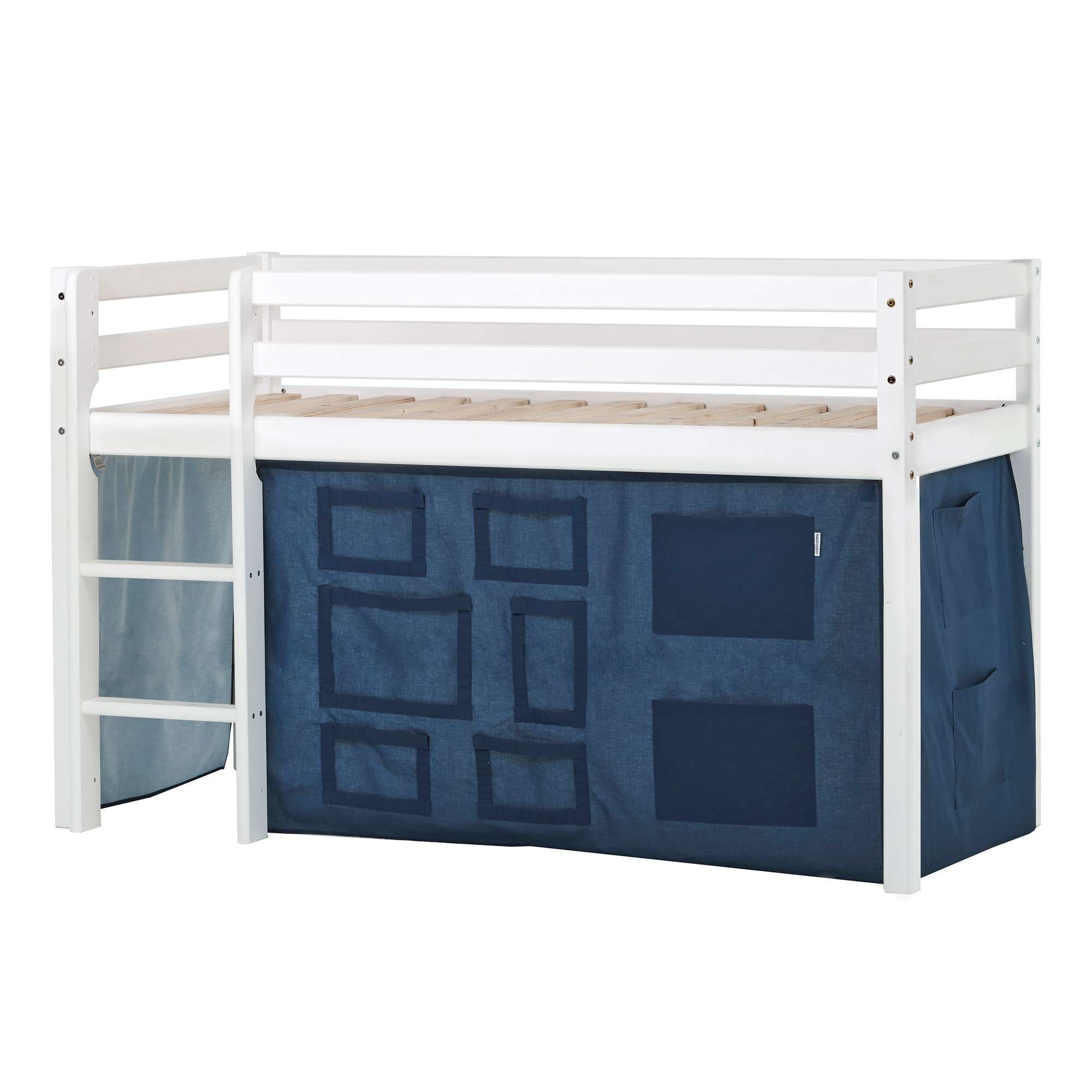 Hochbett HOPPEKIDS "ECO Dream, Kinderbett, Spielbett, Halbhohes Bett aus Massivholz", blau (weiß, creator blau), B:81cm H:105cm L:168cm, Kinderbett: 100% Massivholz: Nordische Kiefer, Vorhang: 100% Baumwolle, Hochbetten, Hochbett Kinderbett, inkl....