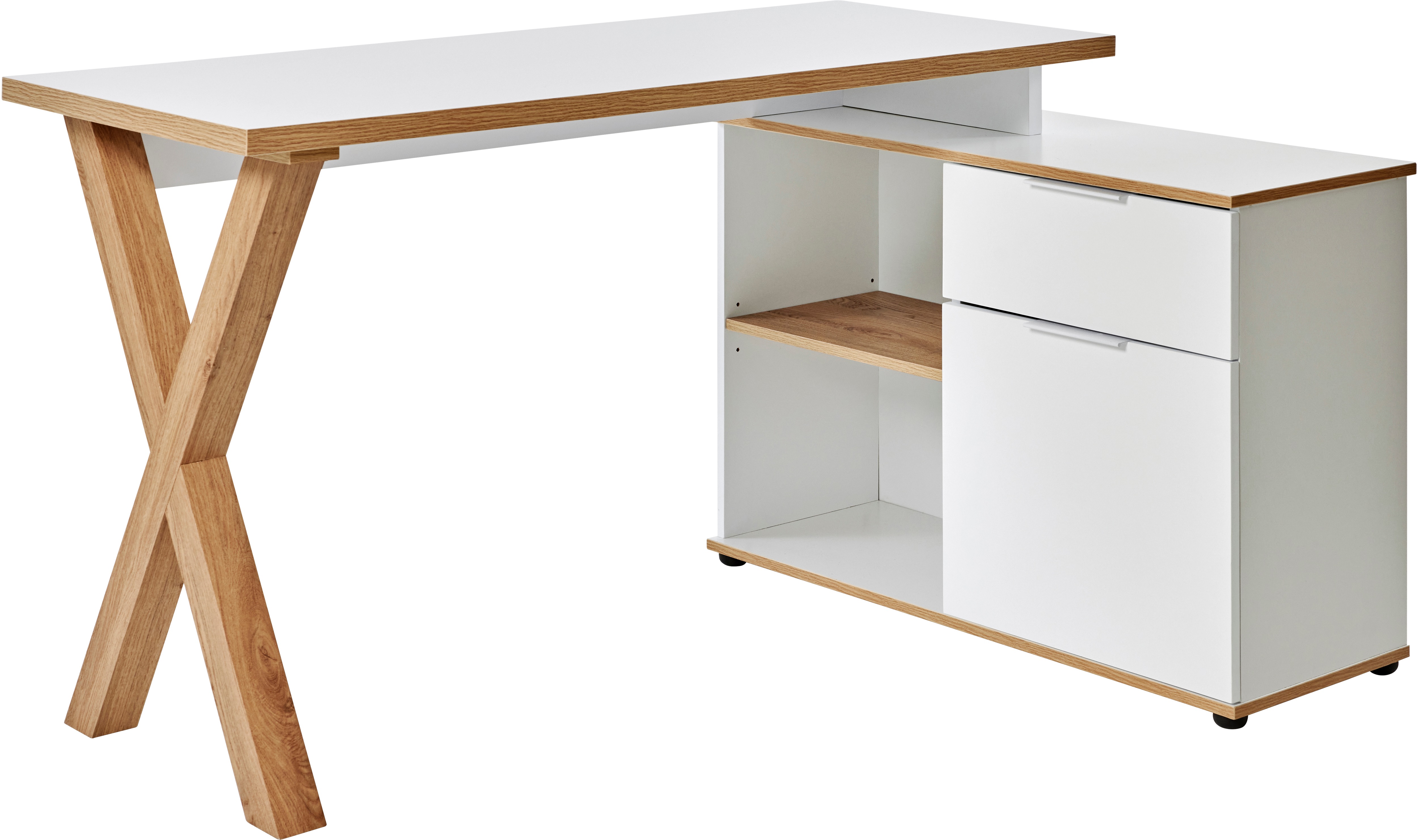 Eckschreibtisch JAHNKE "X-CLUB C 40 E", weiß (montana eiche, weiß, montana eiche, weiß), B:140cm H:76cm T:95cm, Tische, Eckschreibtisch, wechselseitig montierbar, X-Gestell