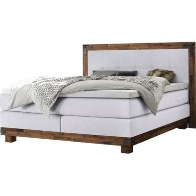 Boxspringbett HASENA "Chicago", weiß (weiß, akazie braun), B:178cm L:206cm, Komplettbetten, Boxspringbett, im Vintagelook mit Punktsteppung im Kopfteil, Massivholz-Umrandung Image