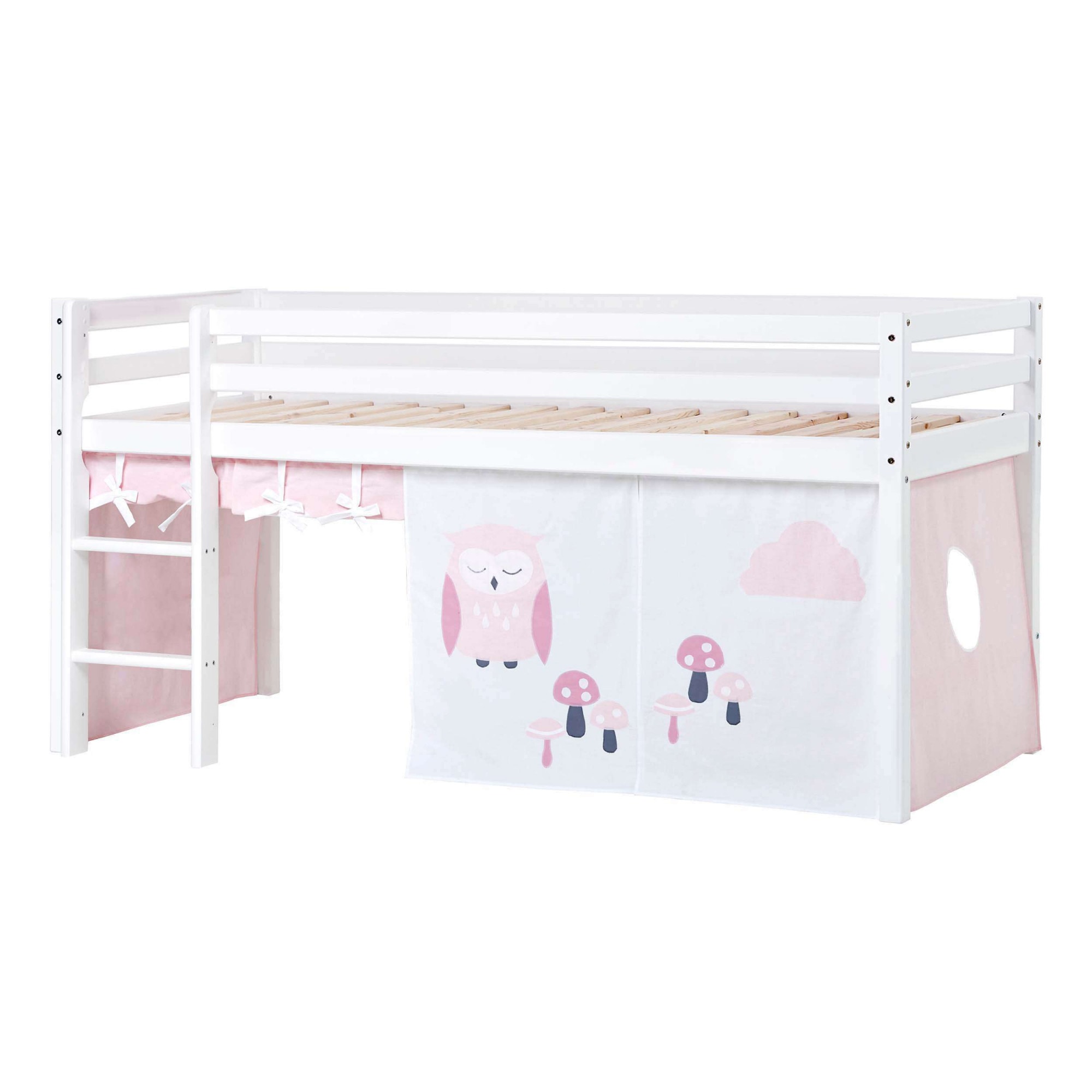 Hochbett HOPPEKIDS "ECO Dream, Kinderbett, Spielbett, Halbhohes Bett aus Massivholz", rosa (weiß, eule rot), B:101cm H:105cm L:208cm, Kinderbett: 100% Massivholz: Nordische Kiefer, Vorhang: 100% Baumwolle, Hochbetten, Hochbett Kinderbett, inkl....