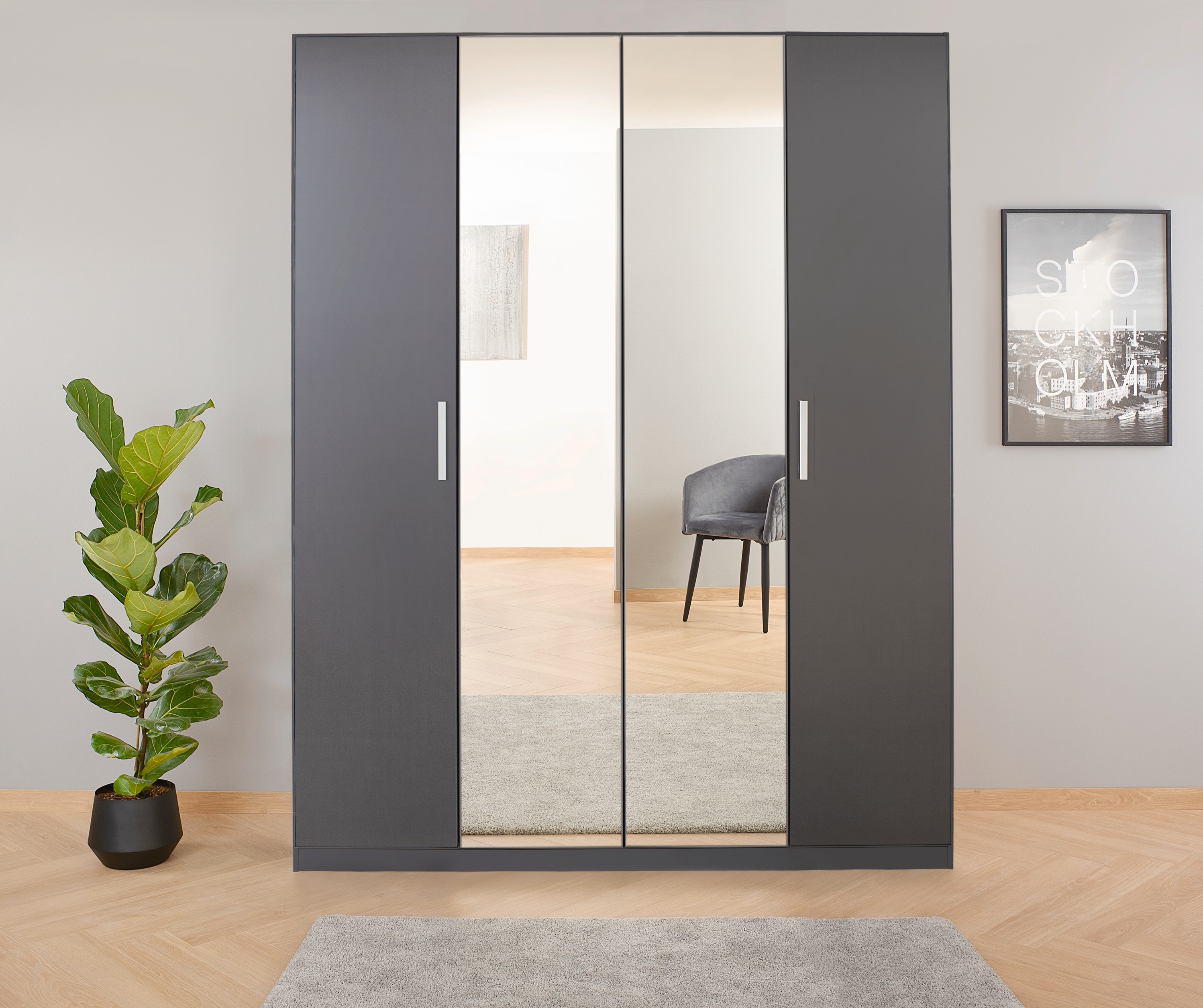 Drehtürenschrank RAUCH "Kleiderschrank Schrank Garderobe Ankleide KOLUNA mit Dekor-Front", grau (graumetallic), B:181cm H:210cm T:54cm, Holzwerkstoff, Schränke, Drehtürenschrank, mit Spiegel, inkl. 2 Innenschubladen sowie extra Böden MADE IN GERMANY Image