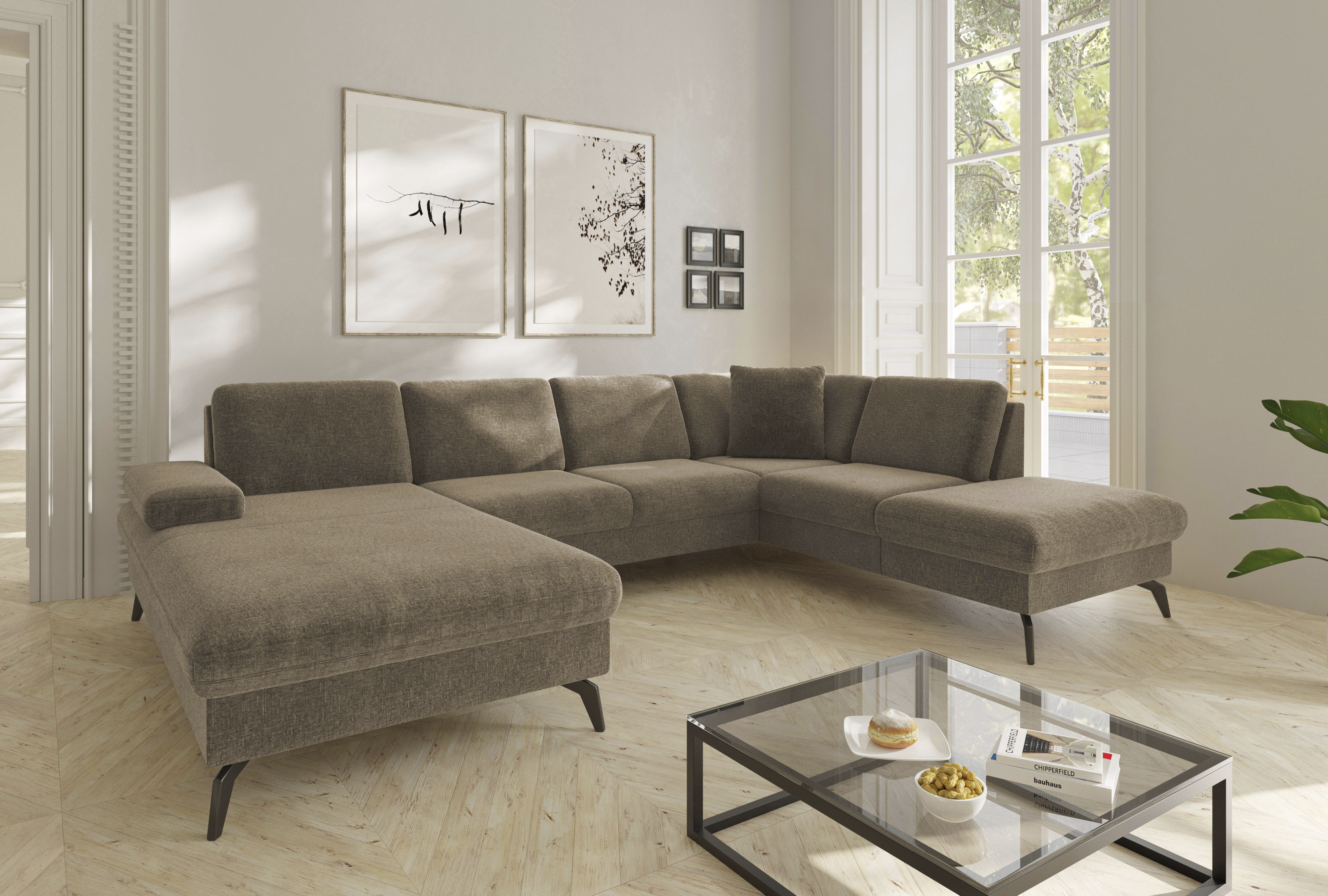 Wohnlandschaft SIT & MORE "Morris Jubi U-Form, B: 300 cm", braun (hellbraun), B:300cm H:83cm T:202cm, 100% Polyester, Sofas, mit Armteilfunktion & 1 Zierkissen, optional Bettfunktion Image
