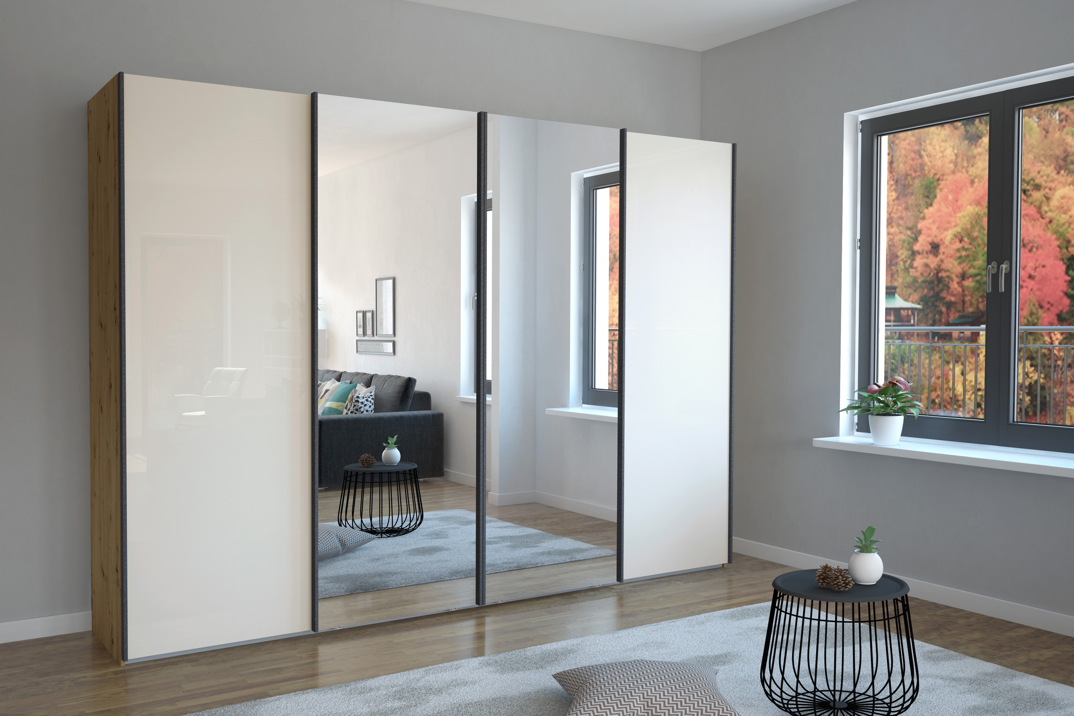 Schwebetürenschrank WIEMANN "Monaco", weiß (bianco, eiche, nachbildung, glas champagner, kristallspiegel), B:296,3cm H:217cm T:67cm, Floatglas, Holzwerkstoff, Schränke, Schwebetürenschrank, hochwertige Glas- und Spiegelfront