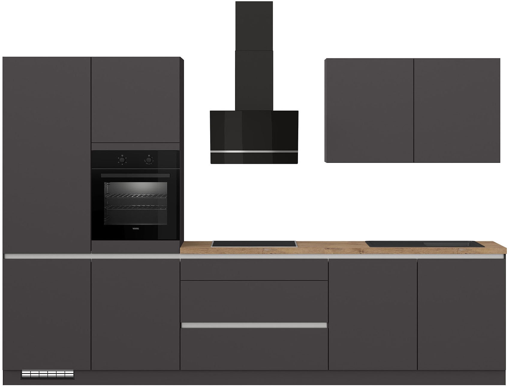 Küche IMPULS KÜCHEN ""Dublin", Anti Fingerprint Oberfläche, Schubkästen mit Soft-Close", grau (küche: grau, korpus: grafitfarben, arbeitsplatte: vintage eiche, nachbildung), B:340cm H:222cm T:60cm, Komplettküchen-Sets, Küchenzeile, vormontiert,...